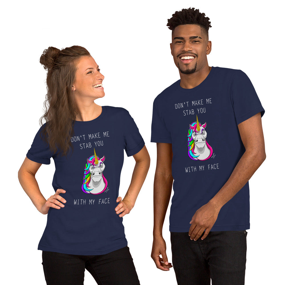 Stabby Unicorn T-shirt by Stormseye, navy blue, modelled view