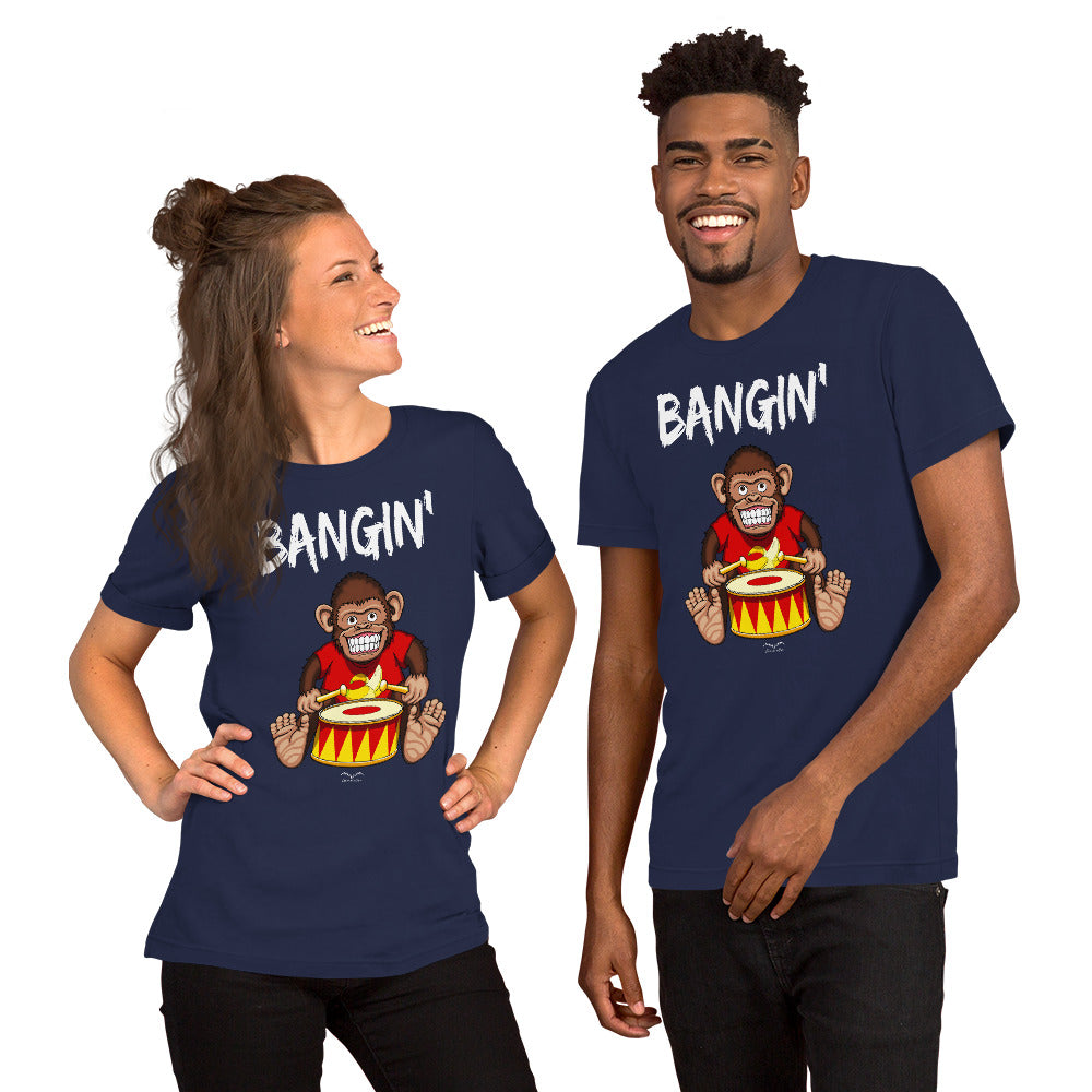 Bangin' drummer monkey T-shirt by Stormseye, navy blue, modelled view