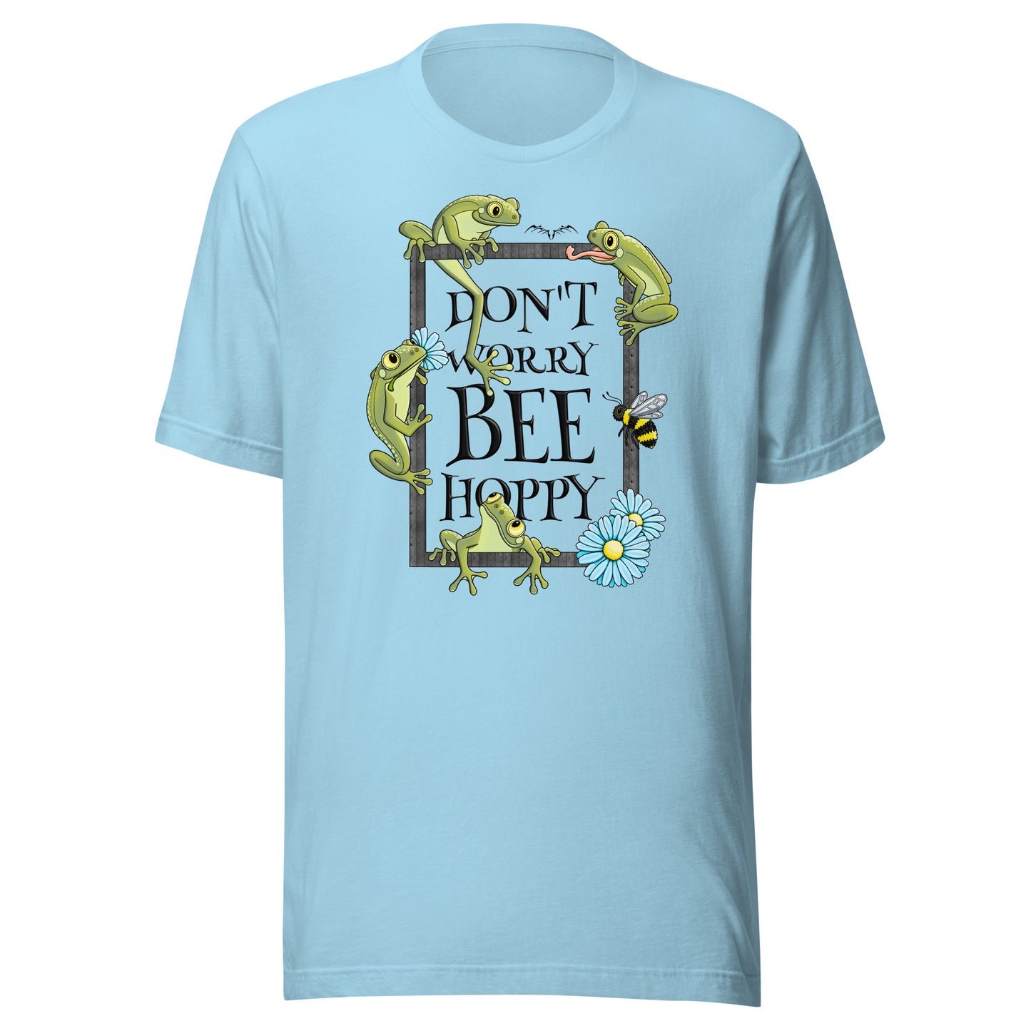 stormseye design don’t worry bee hoppy T shirt, flat view ocean blue