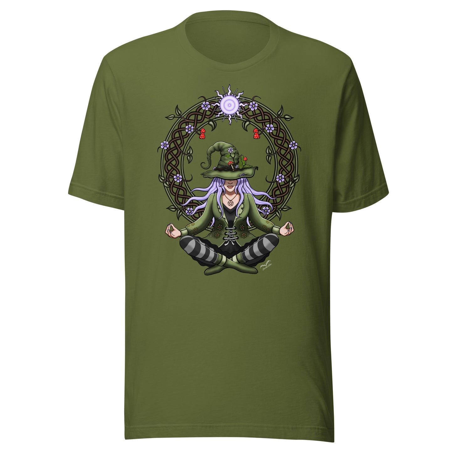 stormseye design hedge witch T shirt, flat view olive green