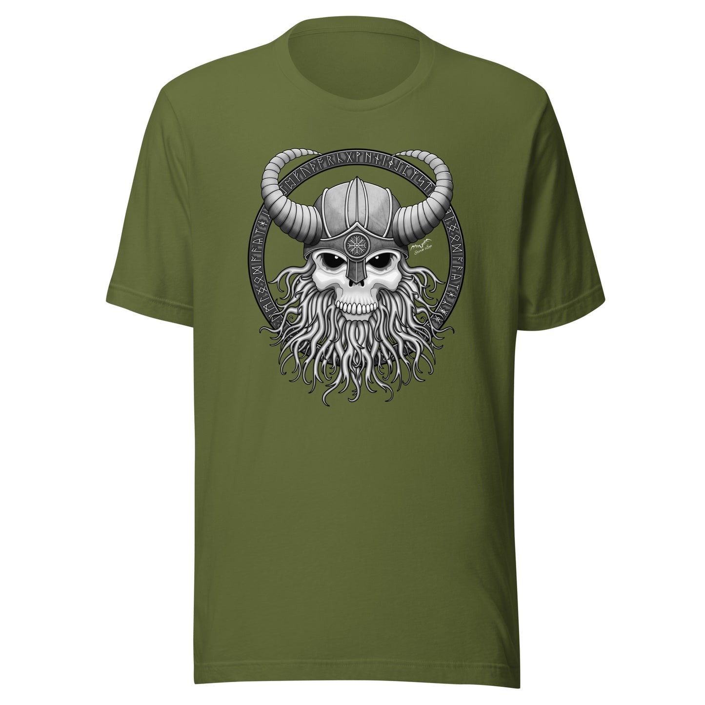 stormseye design viking skull runes T shirt, flat view olive green
