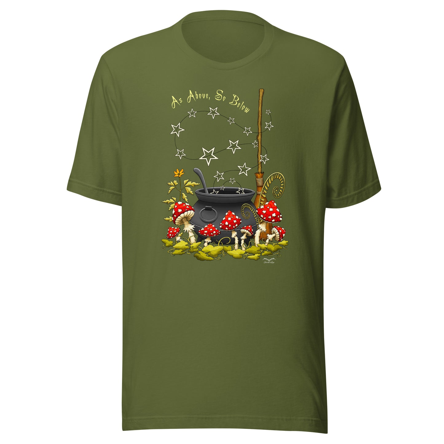 stormseye design witchy mushrooms T shirt, flat view olive green
