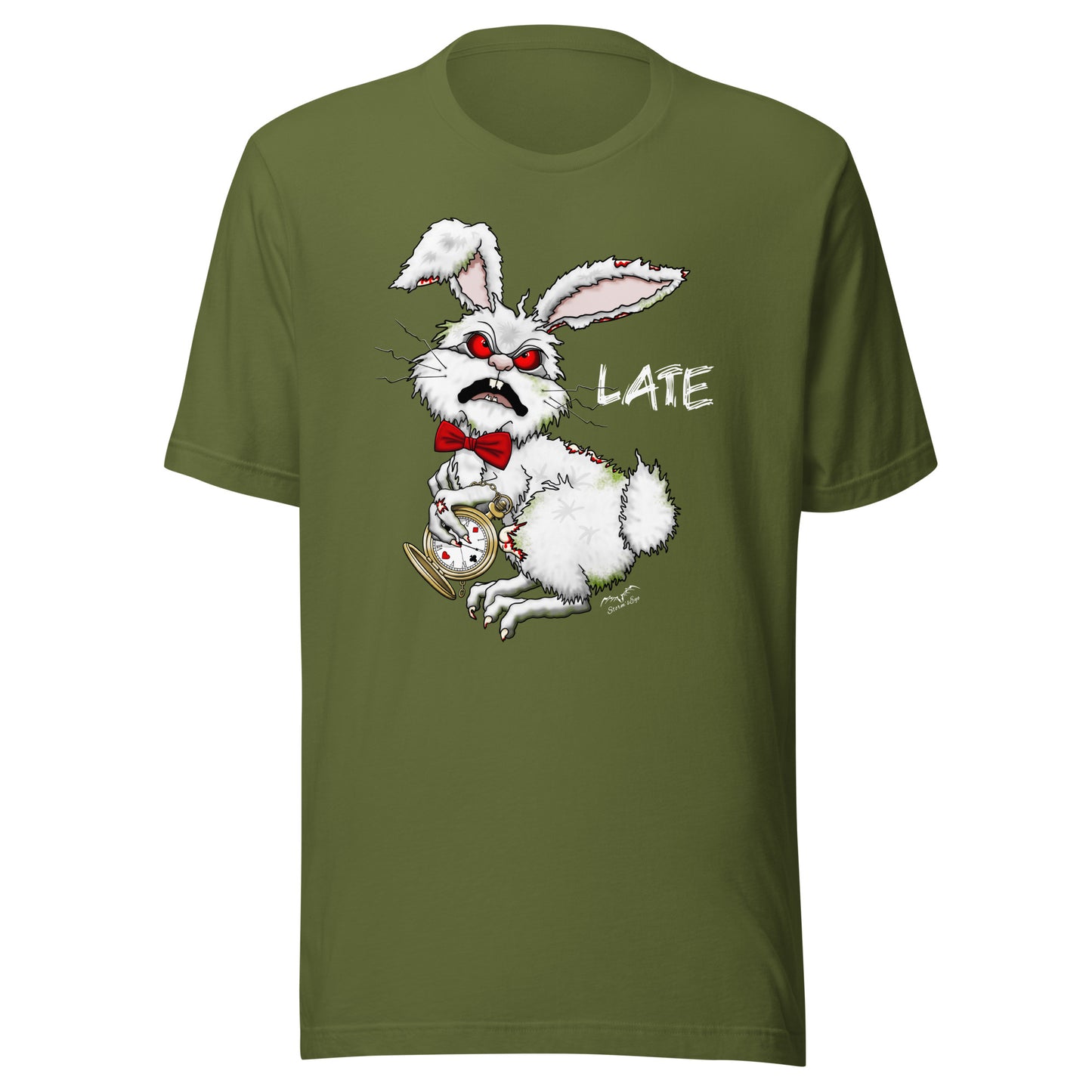Stormseye Design zombie bunny t shirt, flat view olive green