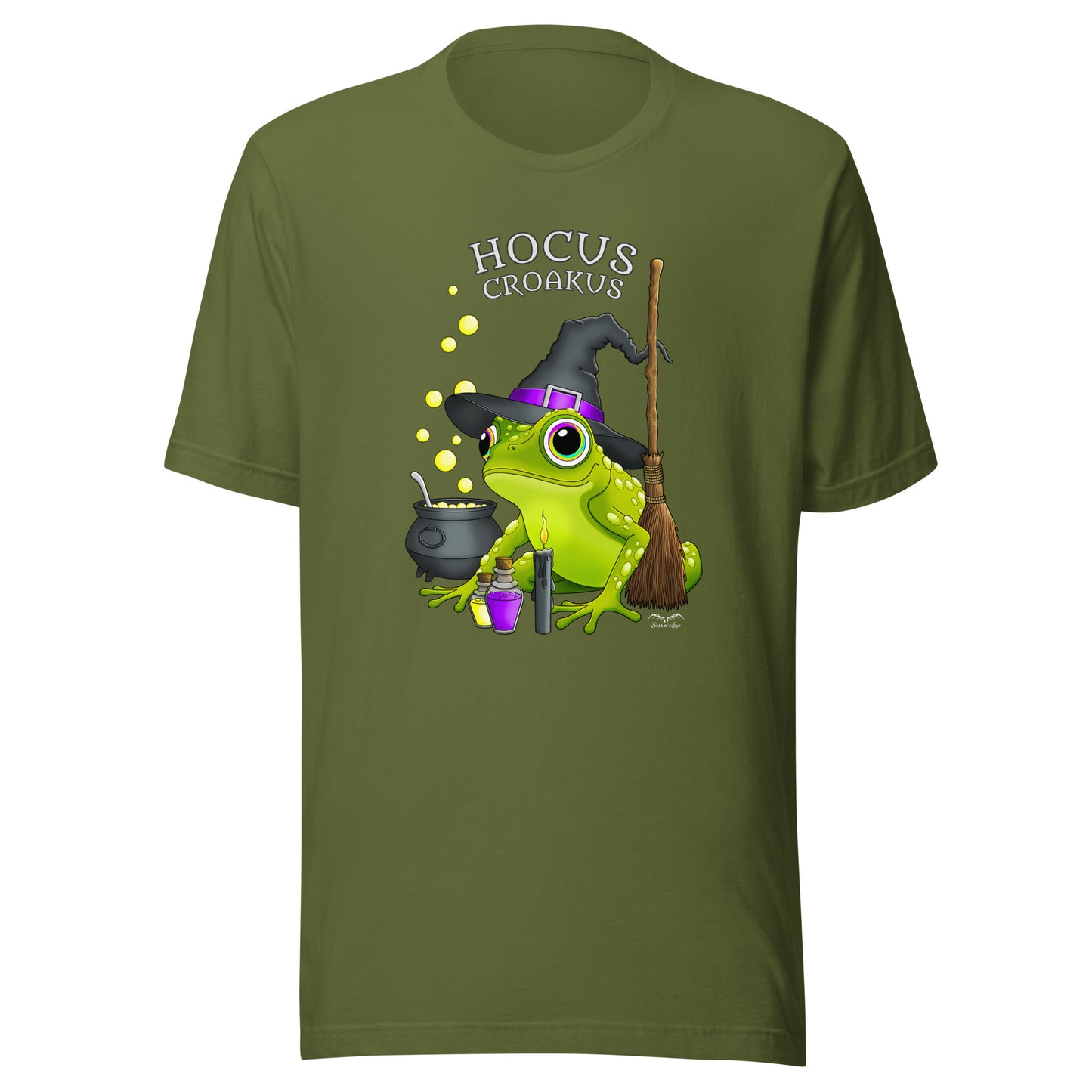 stormseye design witch frog hocus croakus T shirt, flat view olive green
