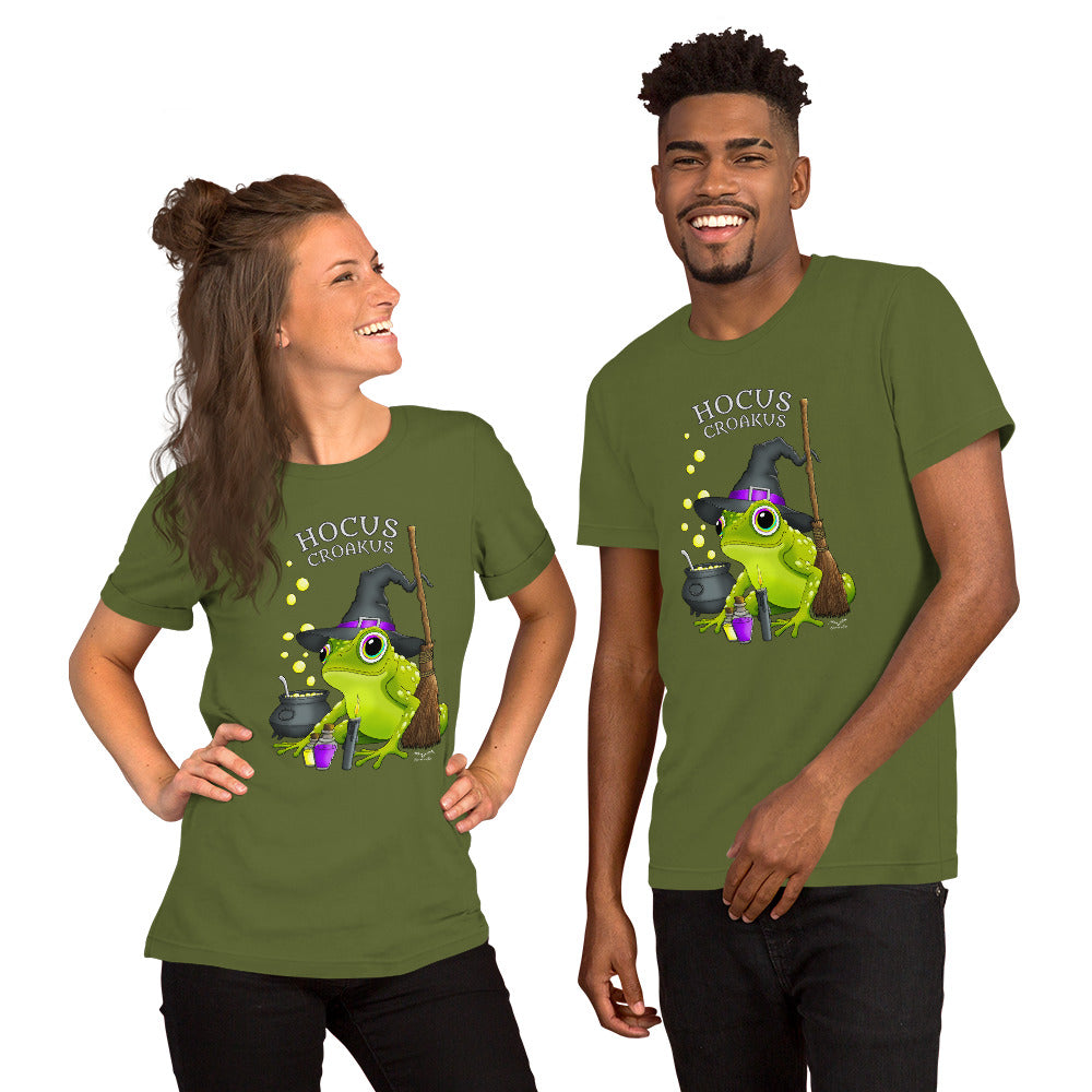 stormseye design witch frog hocus croakus T shirt, modelled view olive green