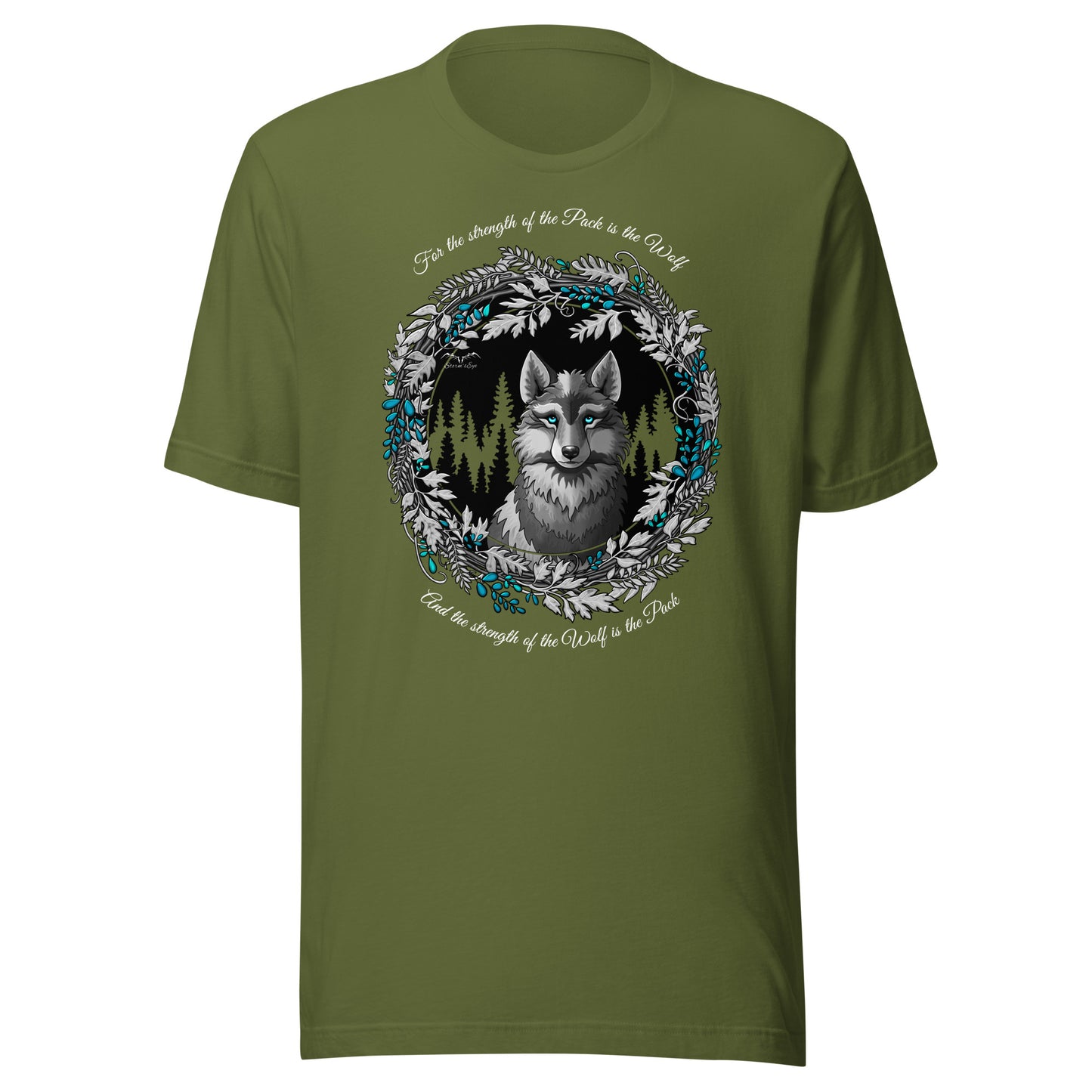 Stormseye Design silver winter wolf T shirt flat view olive green