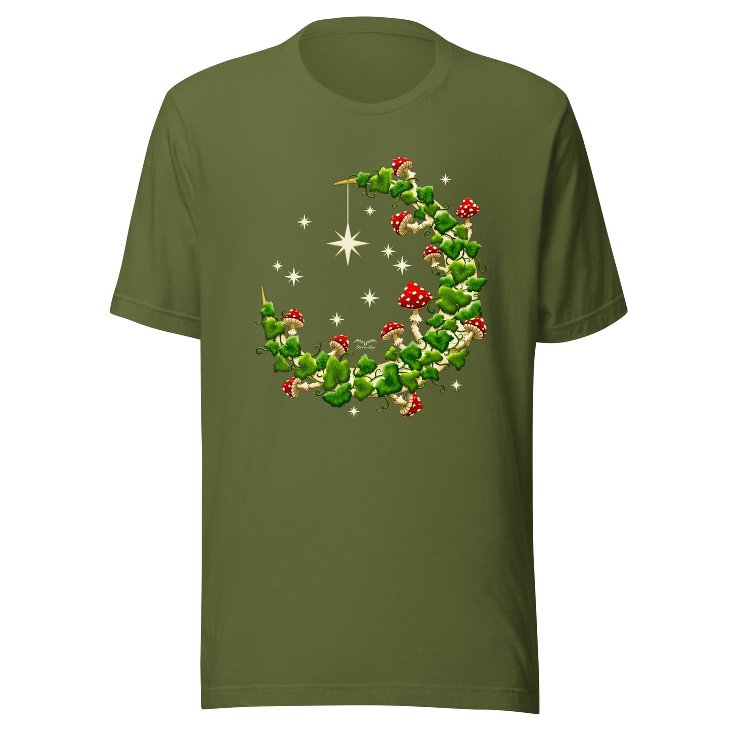 stormseye design mushroom moon witchy cottagecore T shirt, colour, flat view olive green