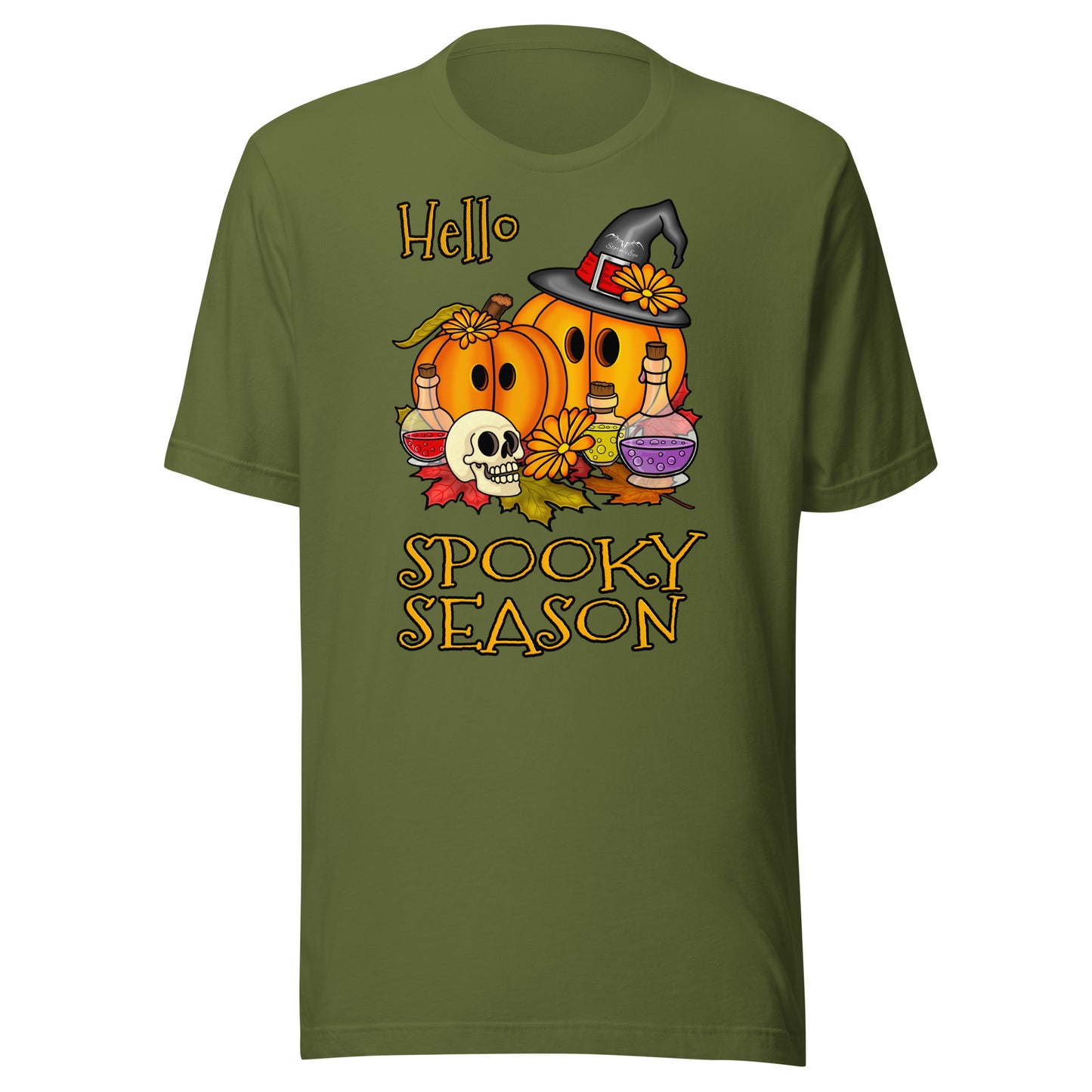stormseye design hello spooky season halloween T shirt flat view olive green