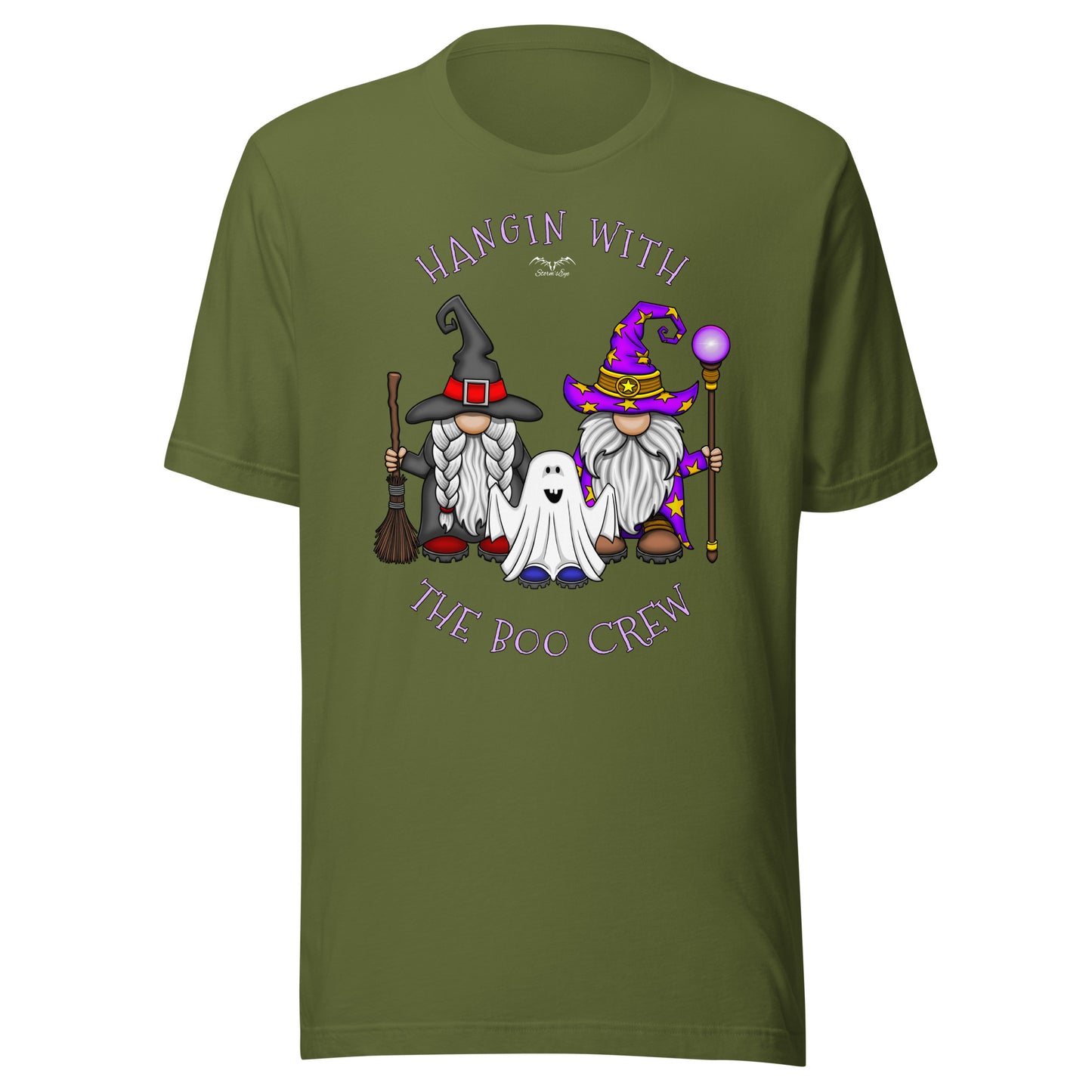 stormseye design boo crew halloween gnomes T shirt flat view leaf green