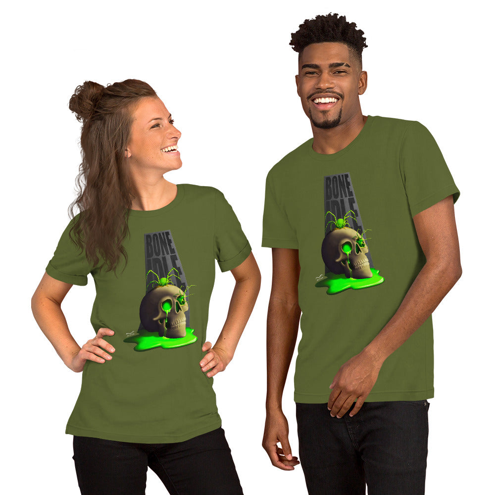 stormseye design bone idle skull and spiders T shirt modelled view olive green