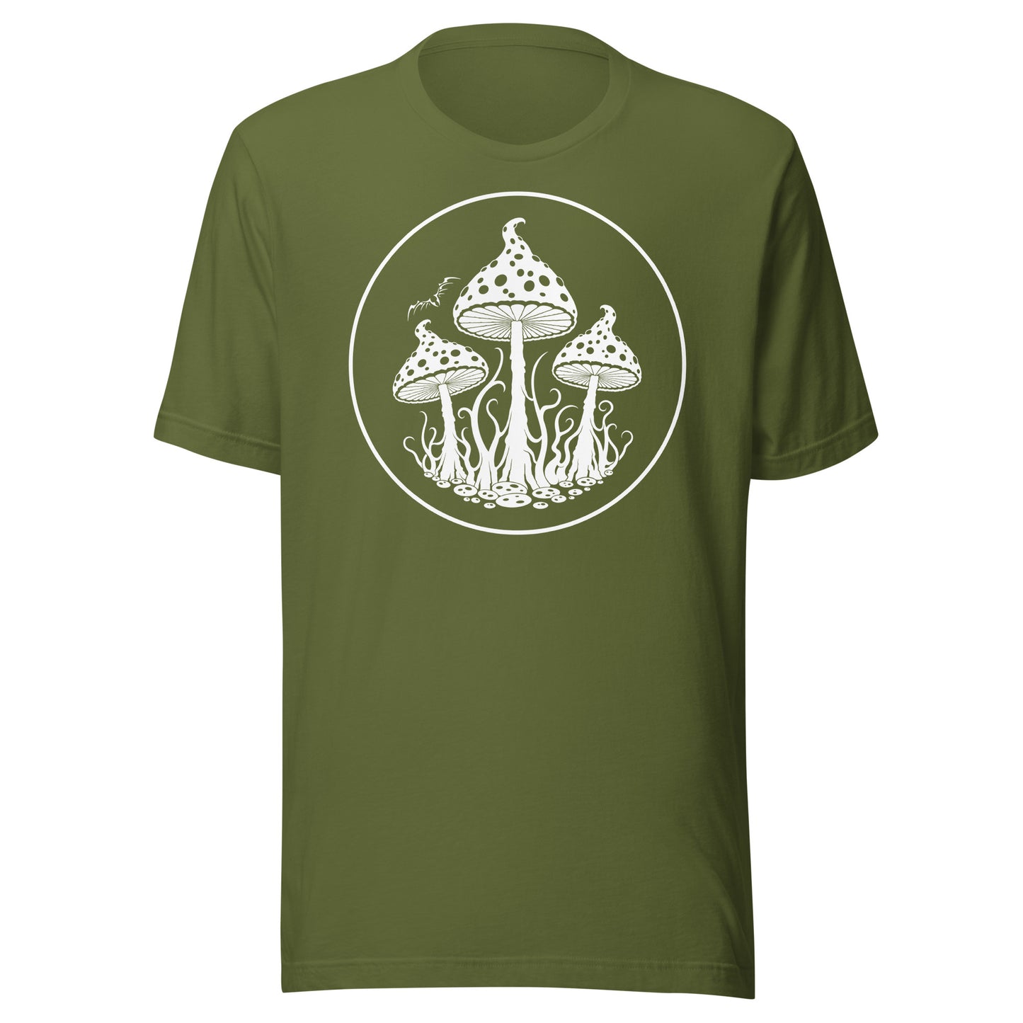 stormseye design trippy mushrooms T shirt, flat view olive green
