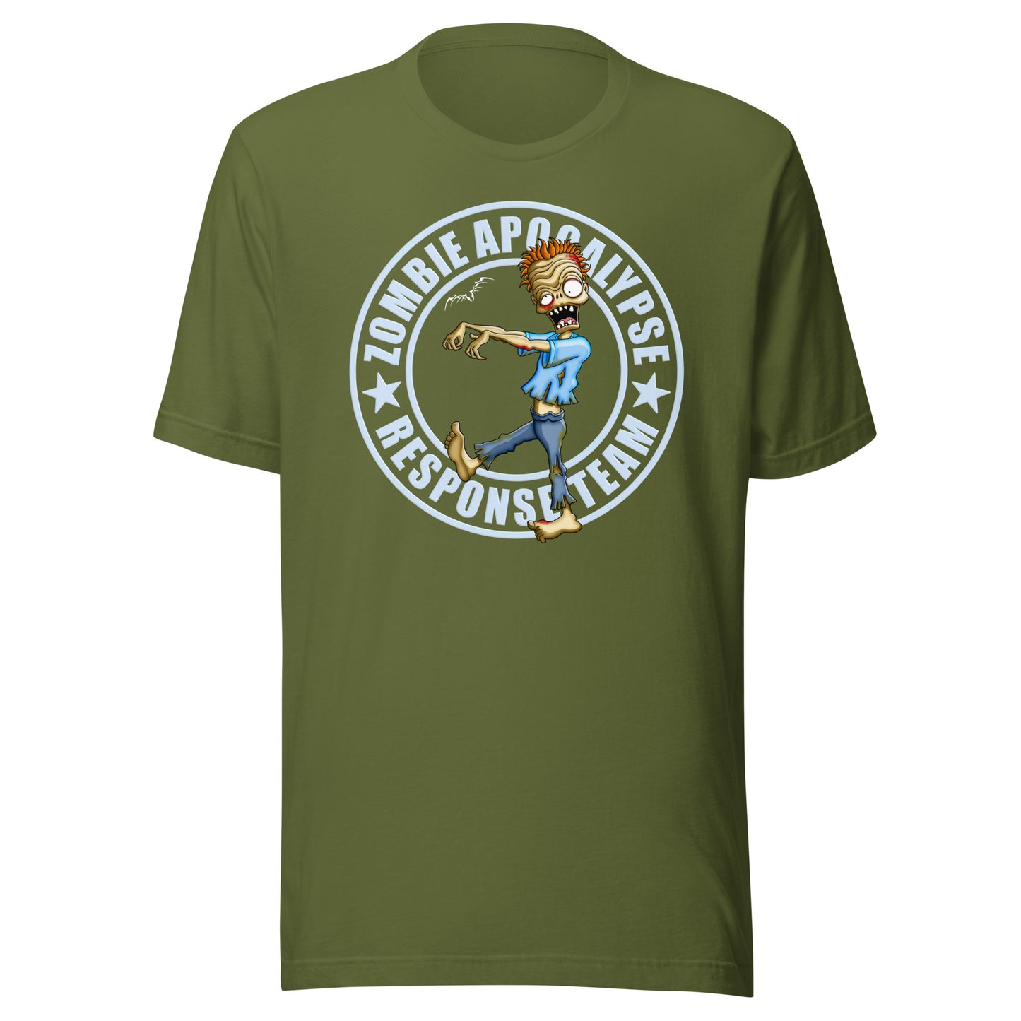 stormseye design zombie apocalypse colour T shirt, flat view olive green