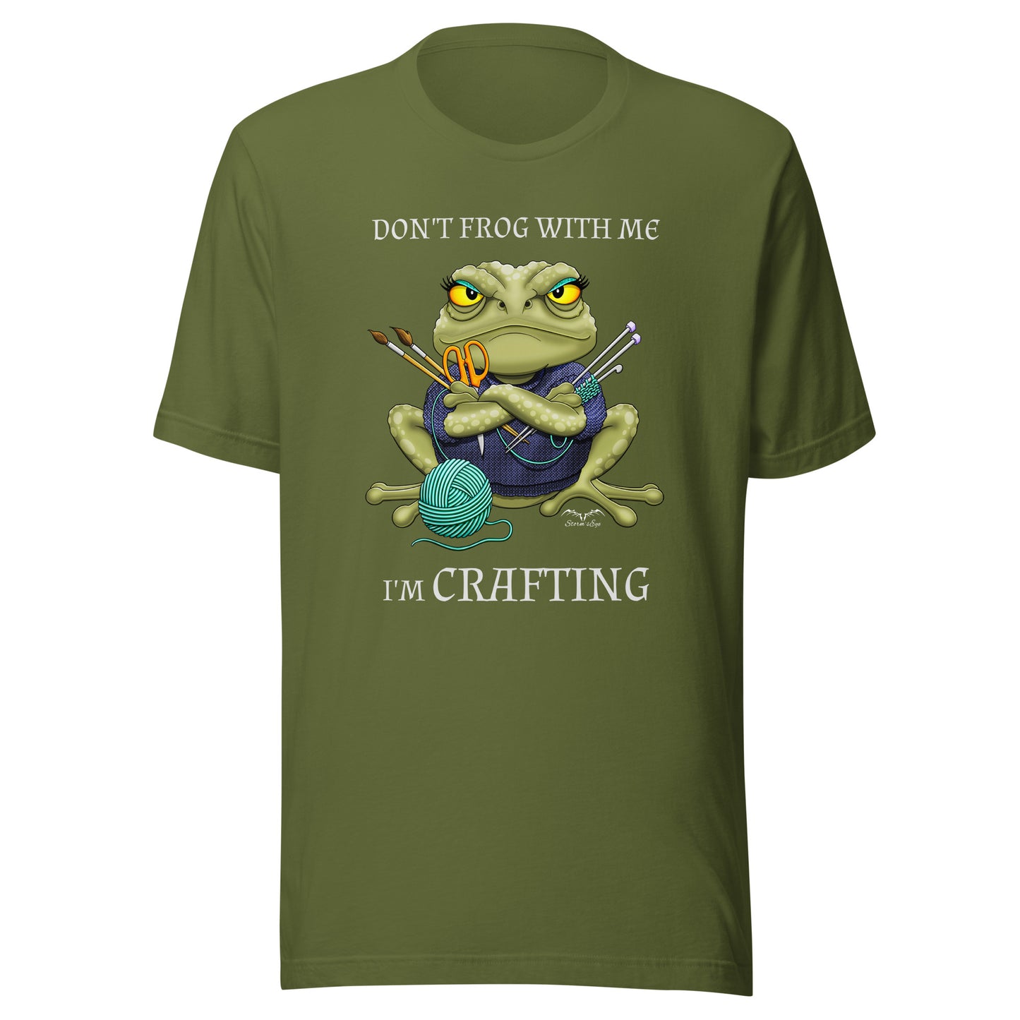 stormseye design crafting frog T shirt, flat view olive green