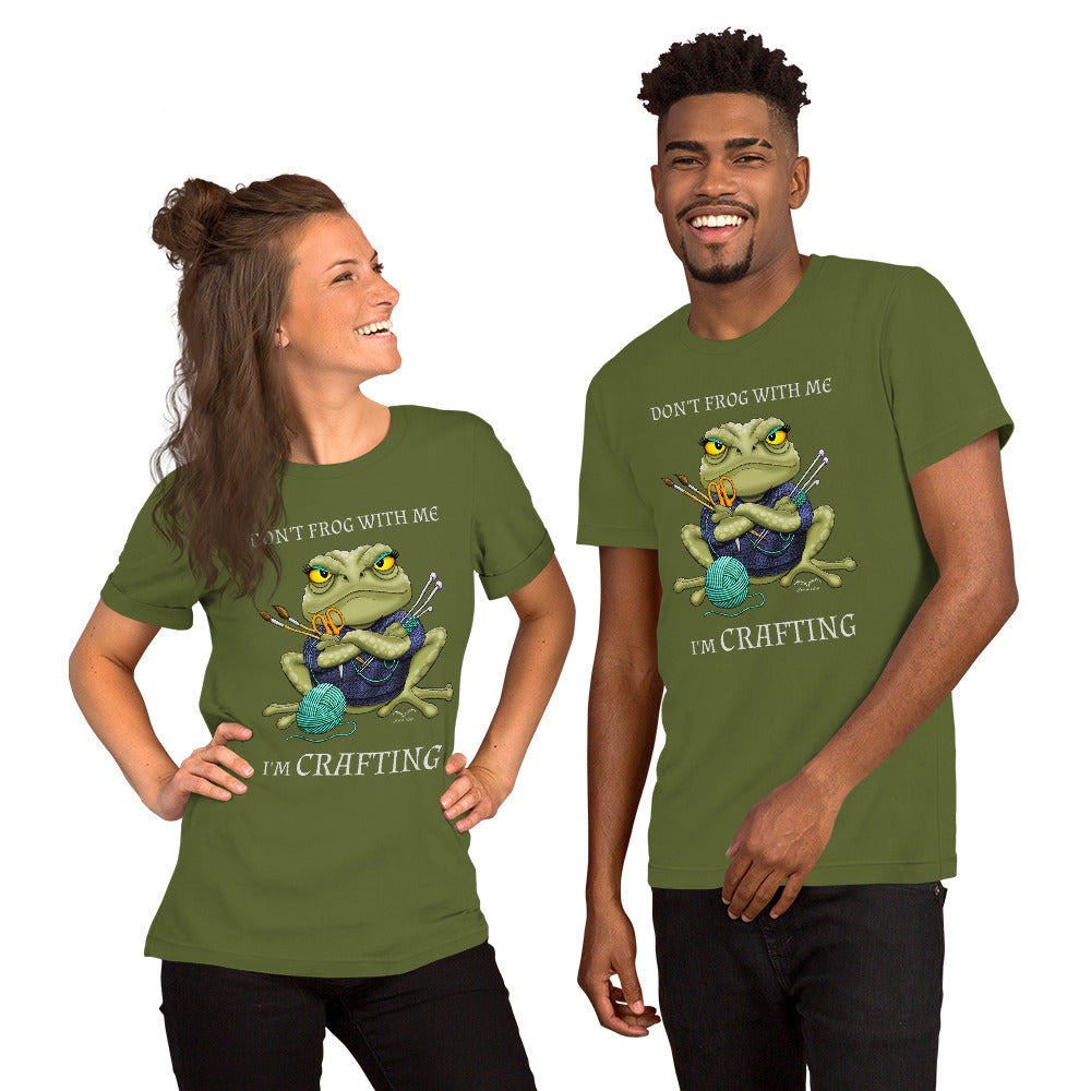 stormseye design crafting frog T shirt, modelled view olive