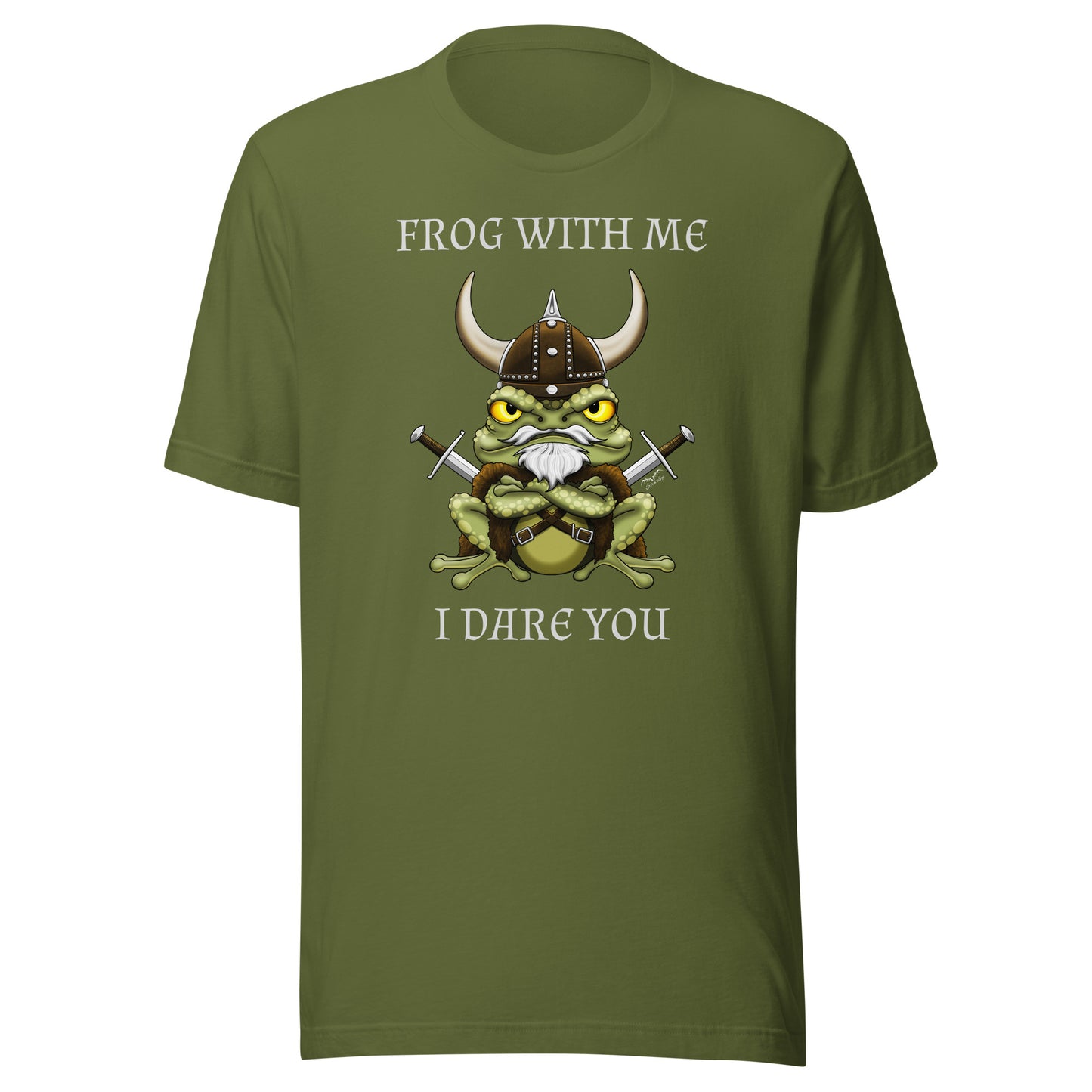 stormseye design frog with me viking T shirt, flat view olive green