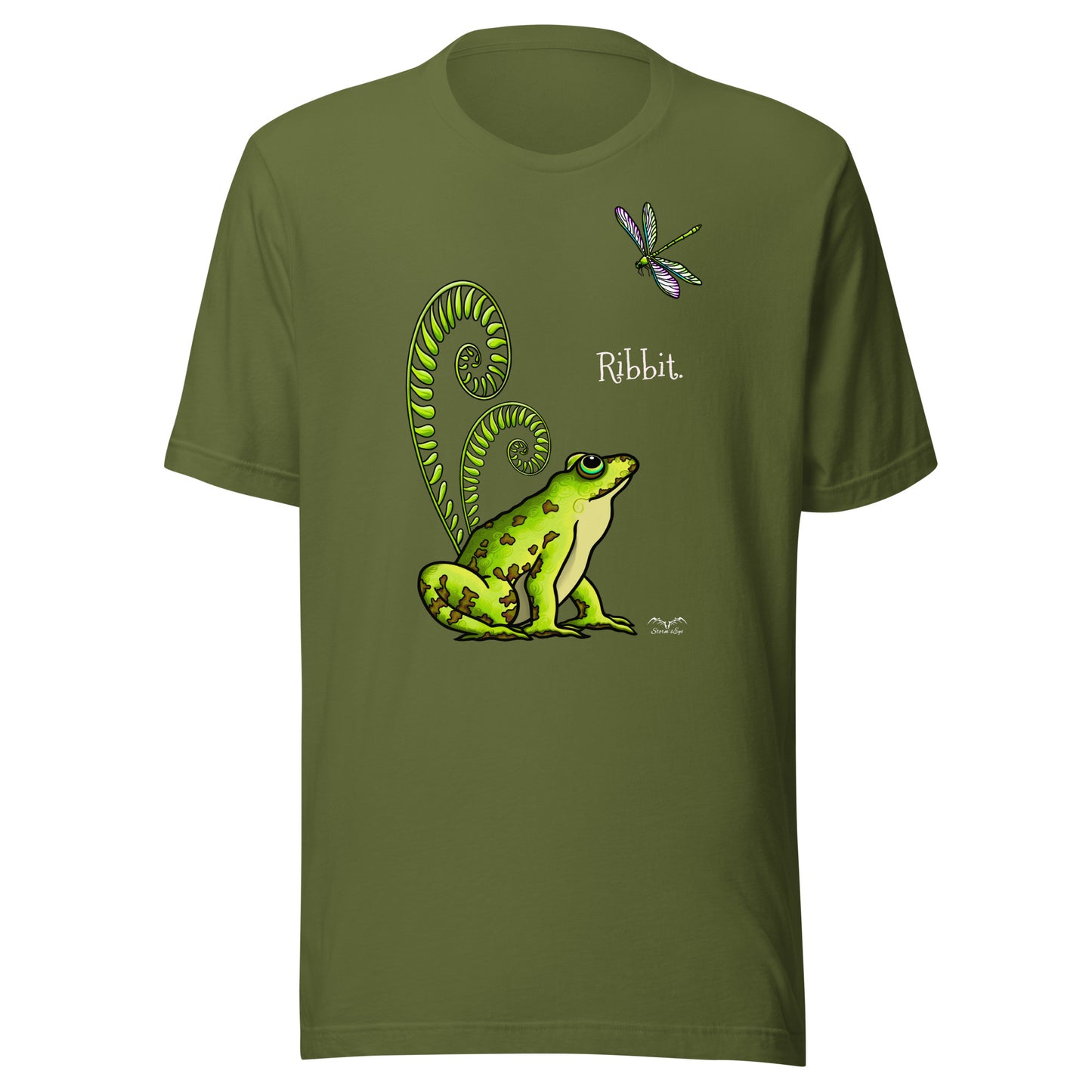 stormseye design pretty frog dragonfly T shirt, flat view olive green