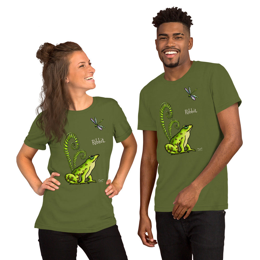 stormseye design pretty frog dragonfly T shirt, modelled view olive green
