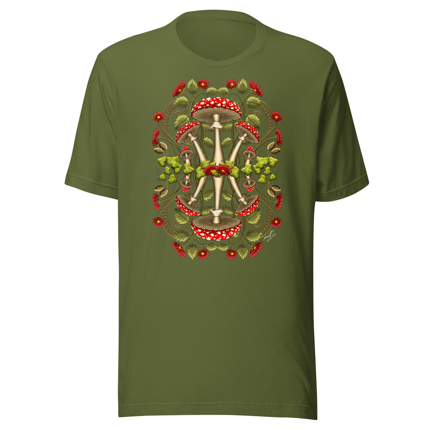 Cottagecore Heaven mushrooms shirt by Stormseye, olive green
