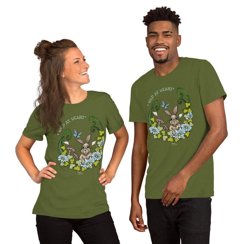 Cute Rabbit T-shirt by Stormseye, olive green, modelled view