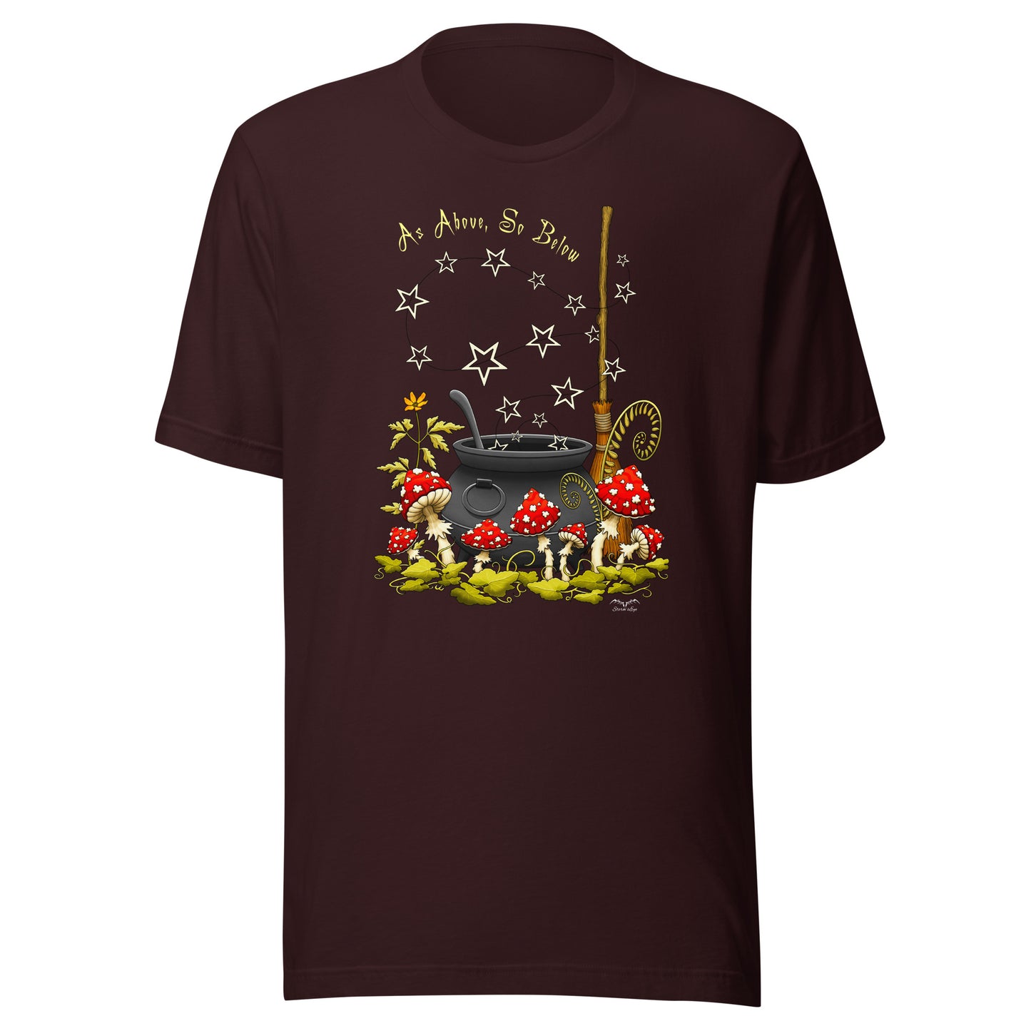 stormseye design witchy mushrooms T shirt, flat view oxblood black