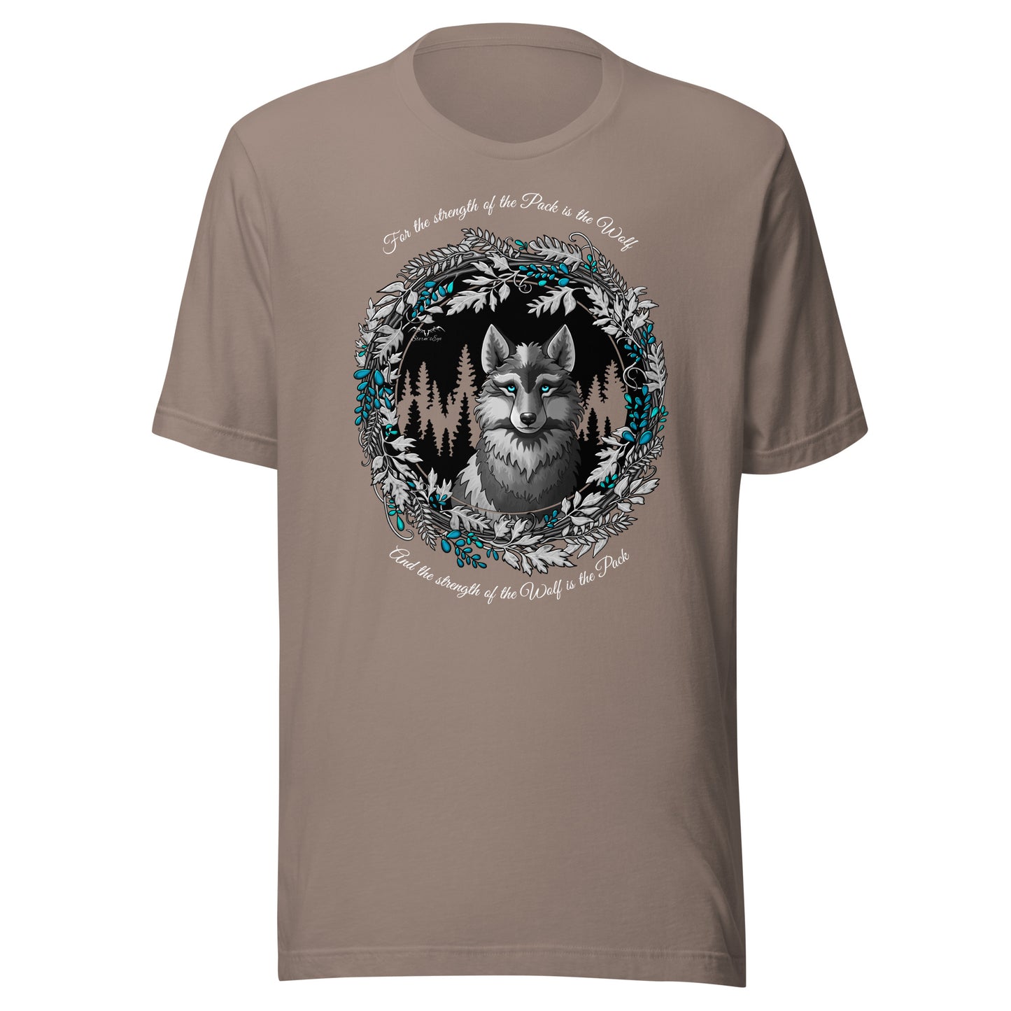 Stormseye Design silver winter wolf T shirt flat view pebble