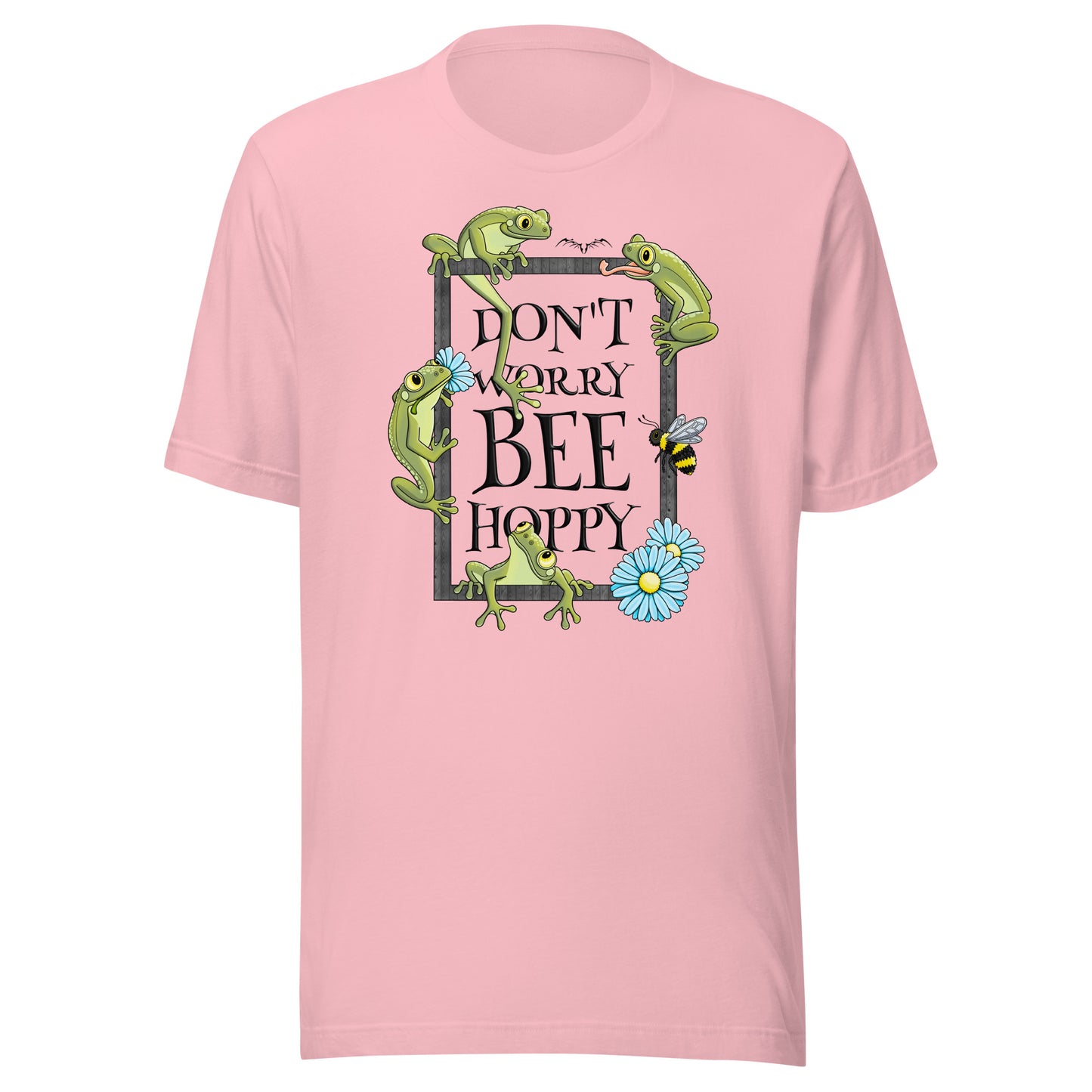 stormseye design don’t worry bee hoppy T shirt, flat view baby pink