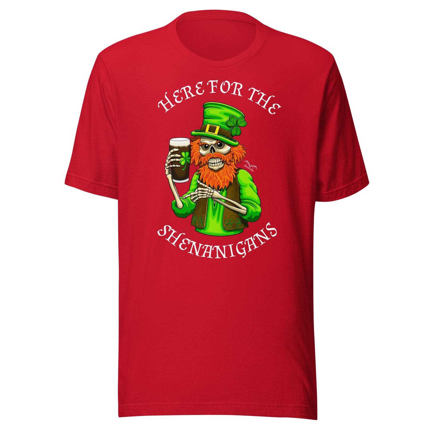 stormseye design st patricks day shenanigans T shirt, flat view red