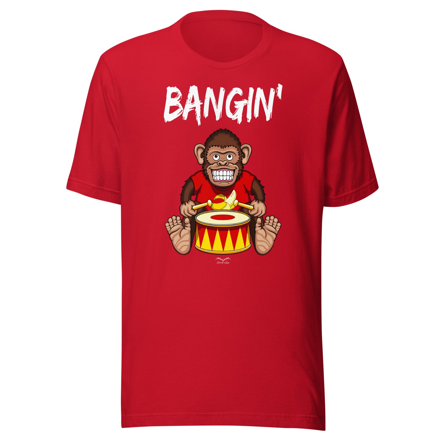 Bangin drummer monkey t-shirt, bright red, by Stormseye Design