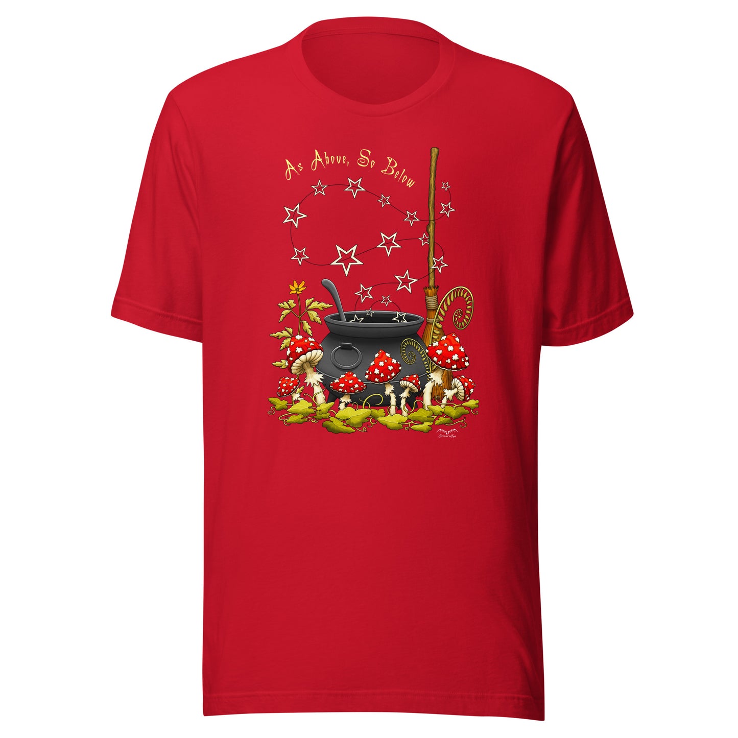 stormseye design witchy mushrooms T shirt, flat view bright red