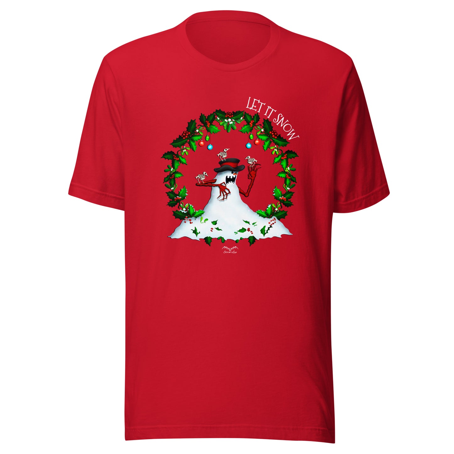 stormseye design evil snowman alternative christmas T shirt, flat view bright red
