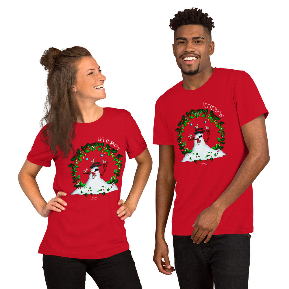 stormseye design evil snowman alternative christmas T shirt, modelled view bright red
