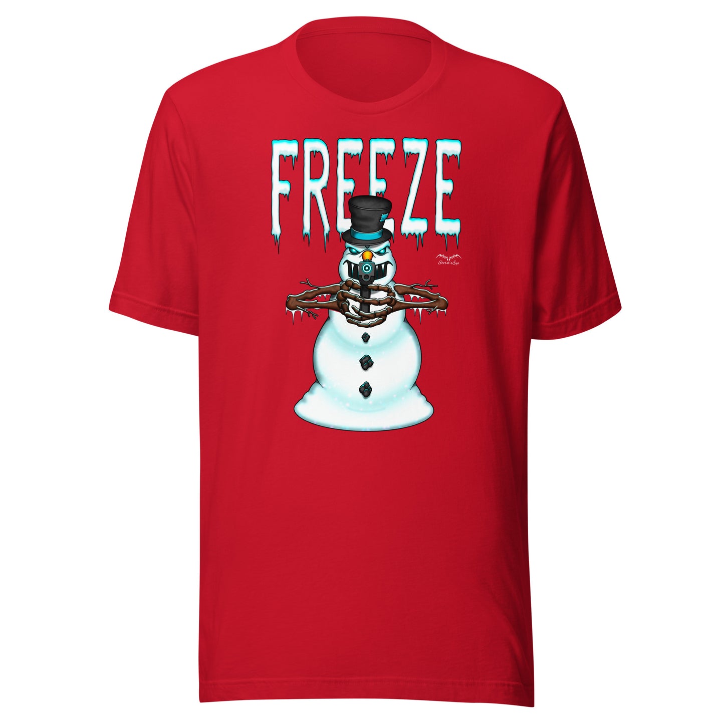 stormseye design mr freeze alternative christmas T shirt, flat view bright red