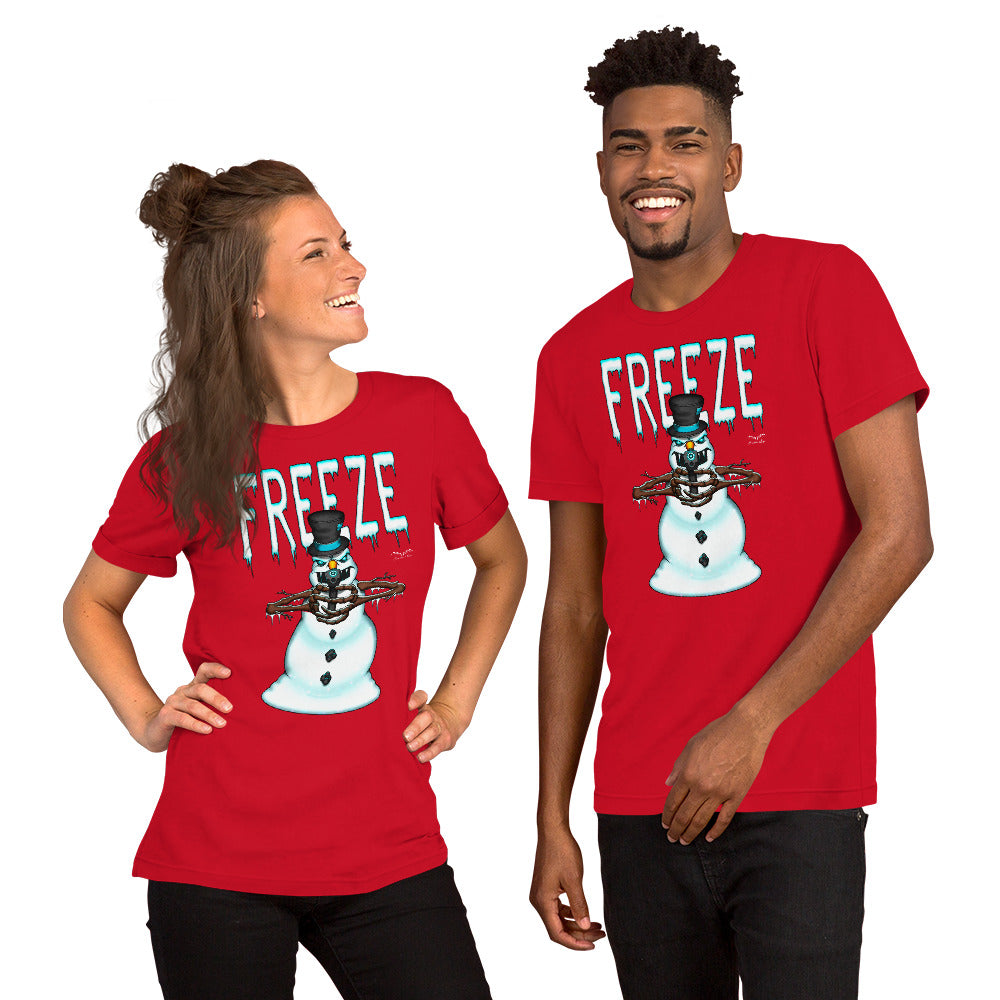 stormseye design mr freeze alternative christmas T shirt, modelled view bright red