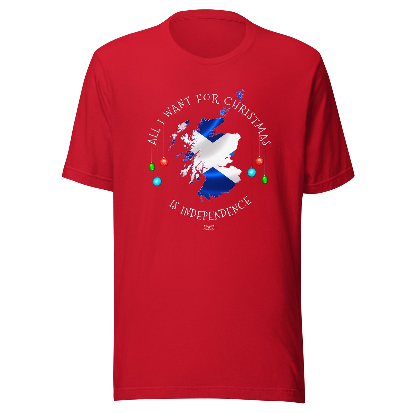 stormseye design christmas scottish independence T shirt, flat view bright red