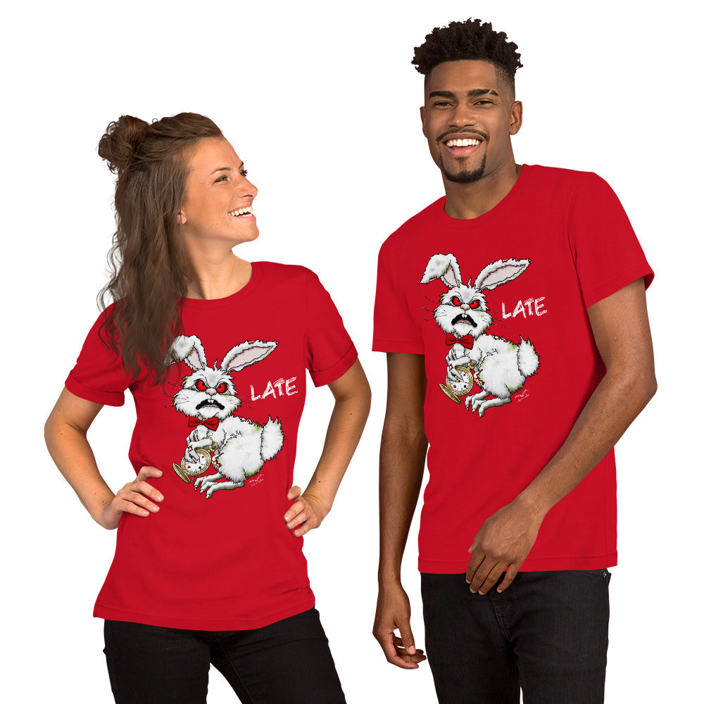 Stormseye Design zombie bunny t shirt, modelled view red
