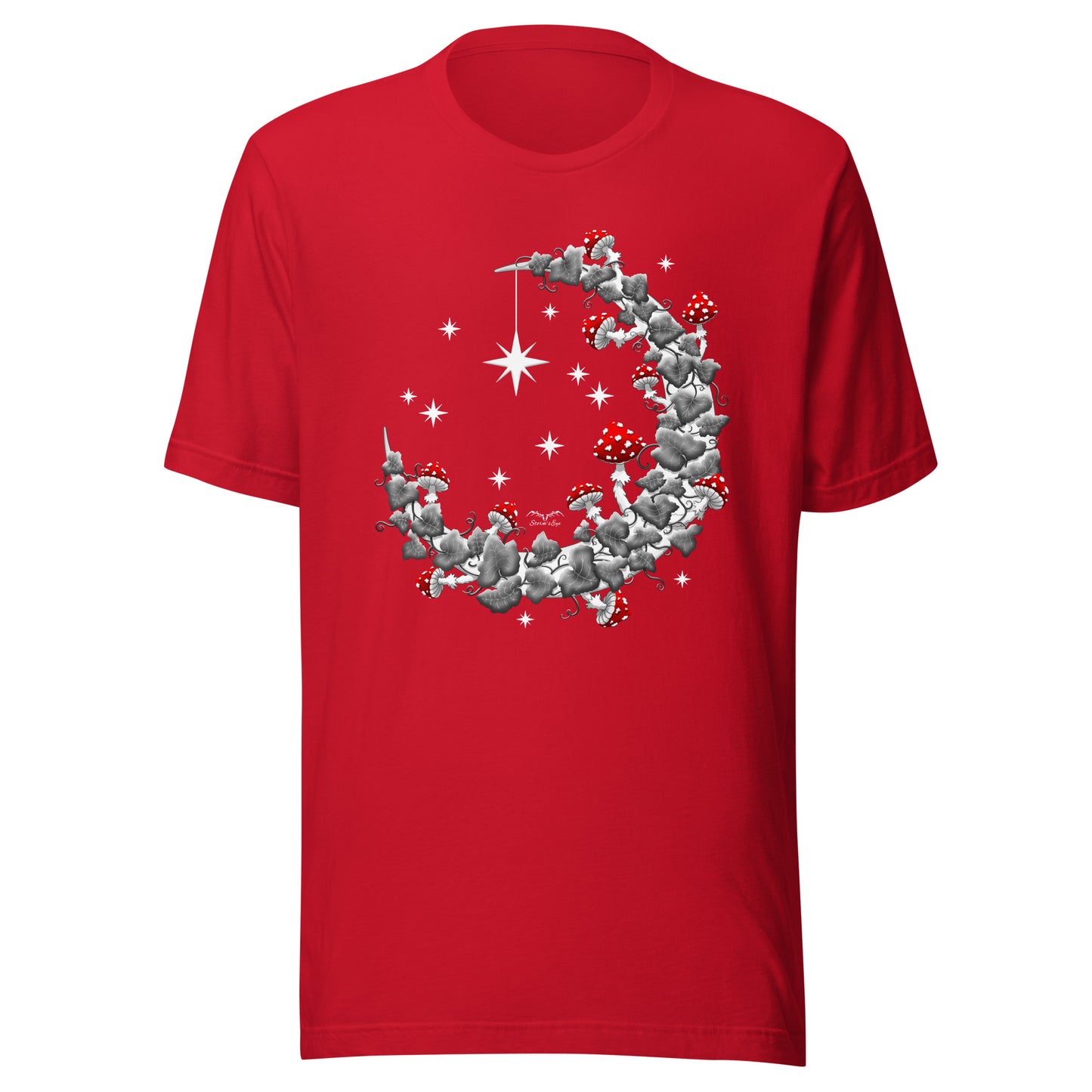 stormseye design mushroom moon BW T-shirt, flat view bright red