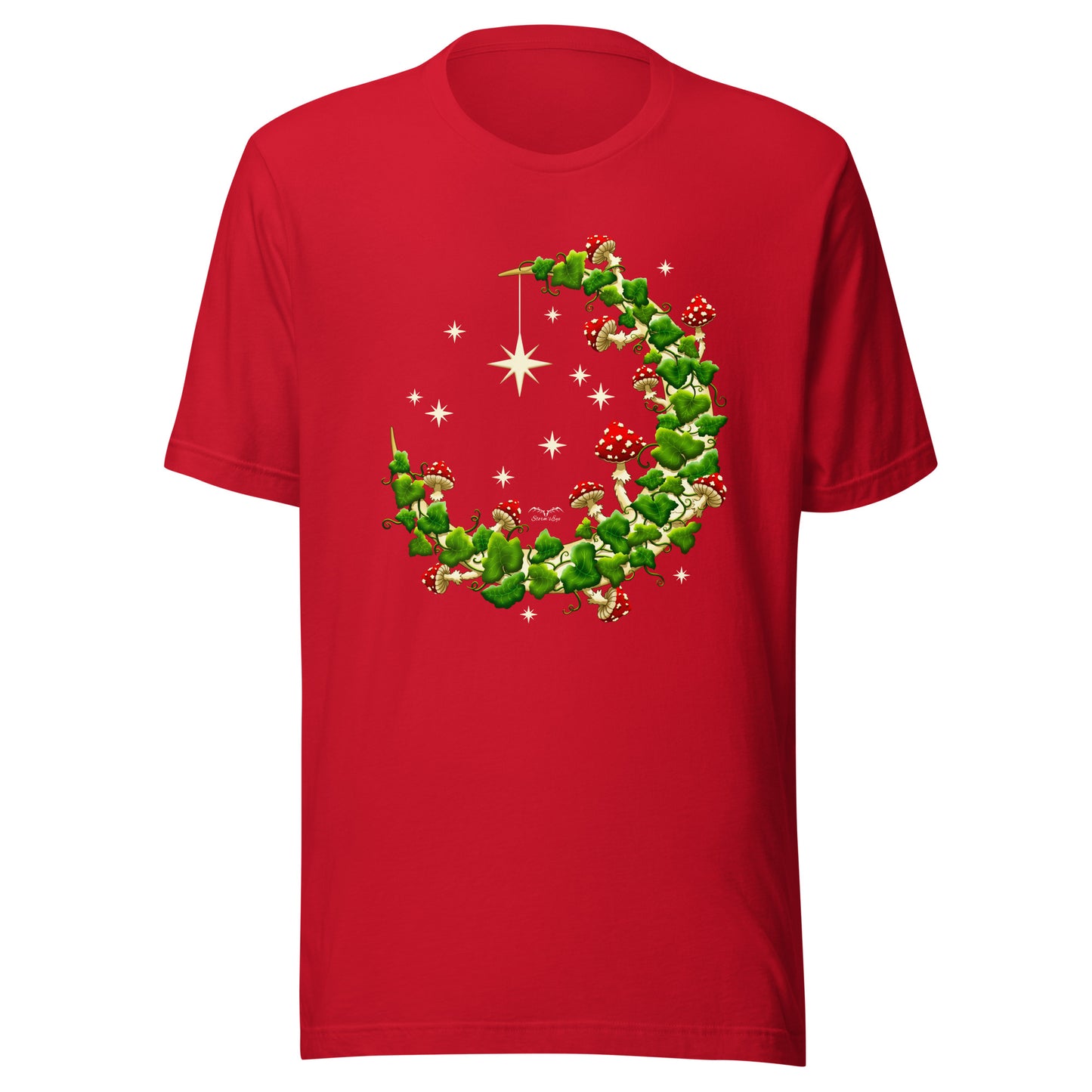 stormseye design mushroom moon witchy cottagecore T shirt, colour, flat view red