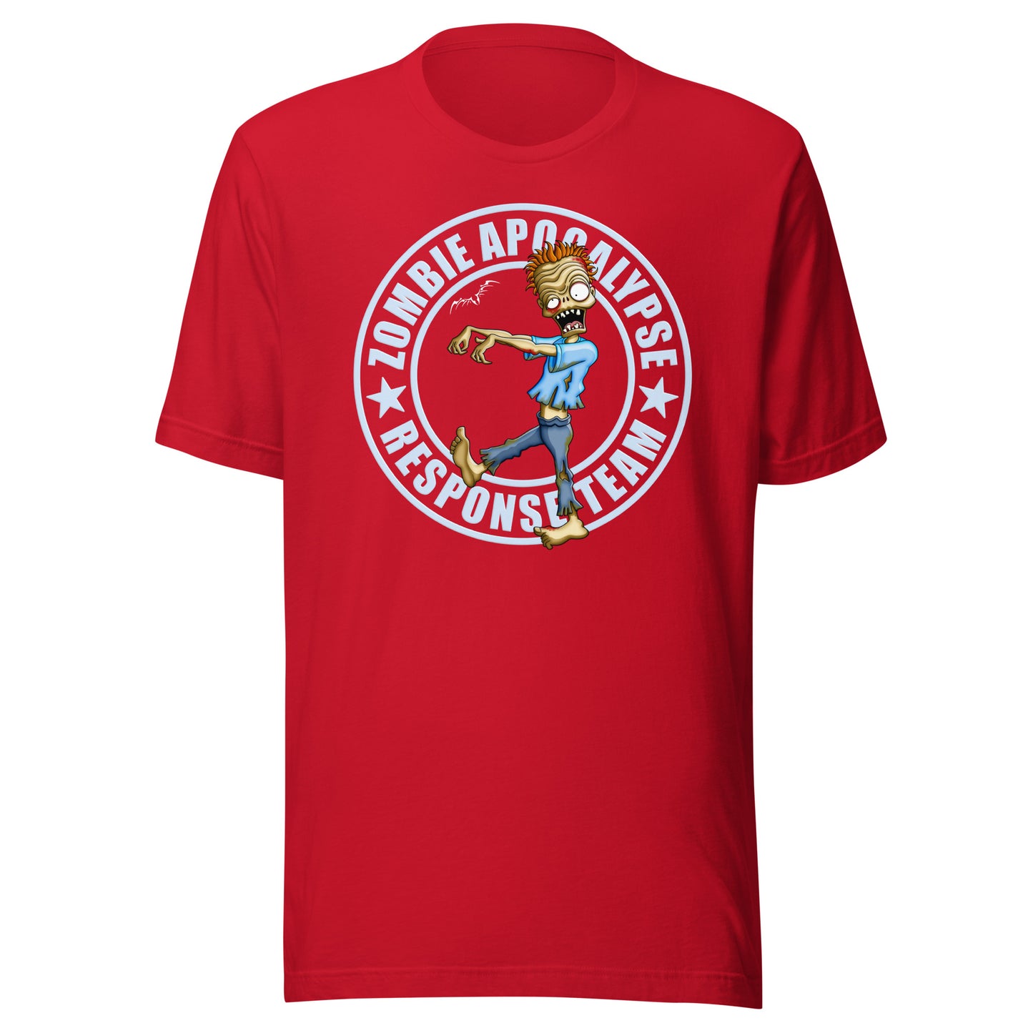 stormseye design zombie apocalypse colour T shirt, flat view bright red