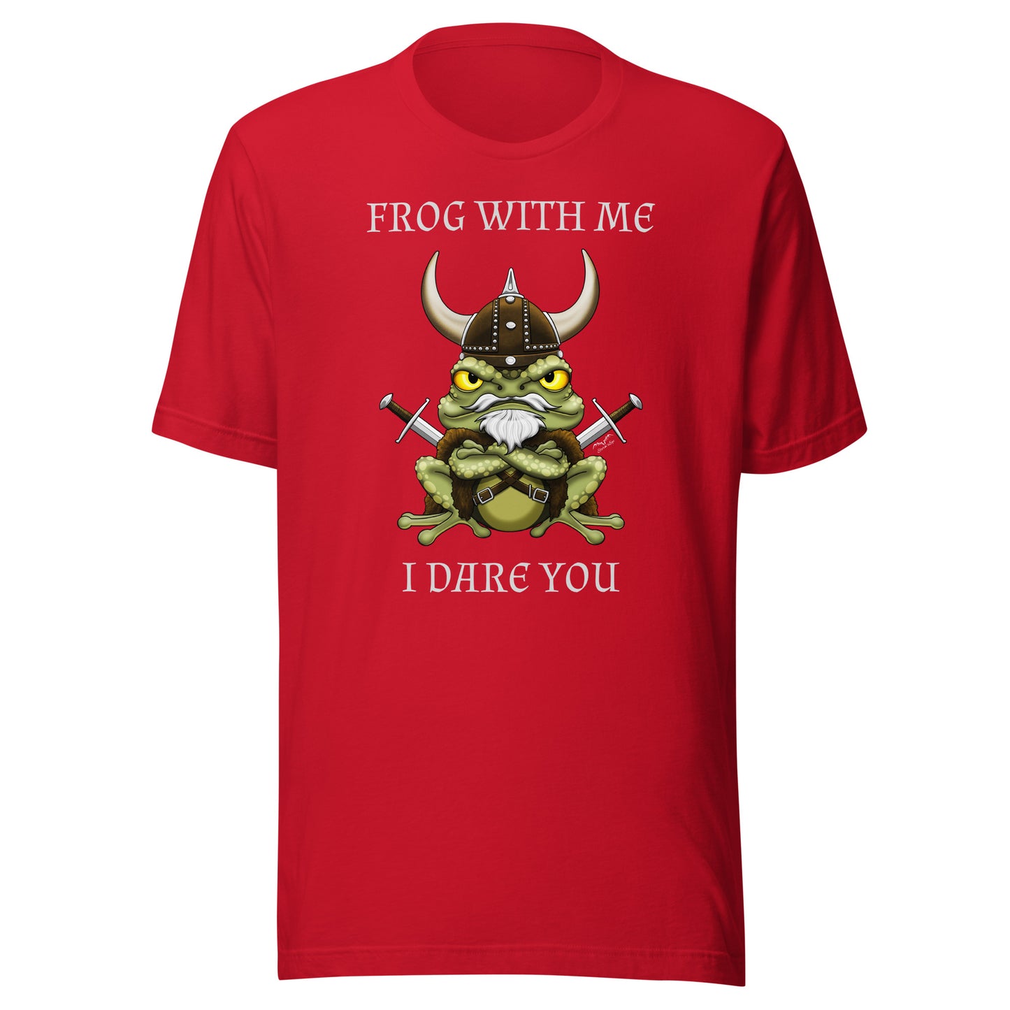 stormseye design frog with me viking T shirt, flat view bright red