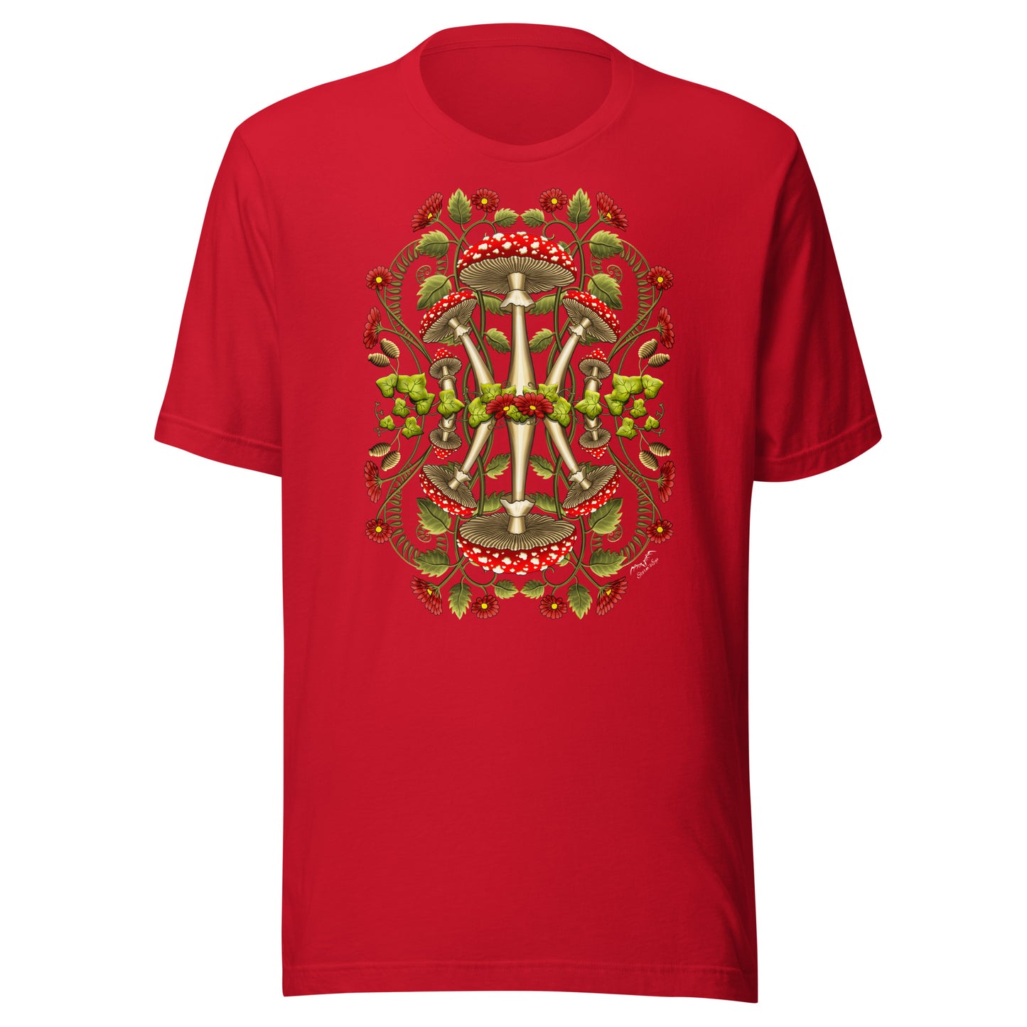Cottagecore Heaven mushrooms shirt by Stormseye, bright red