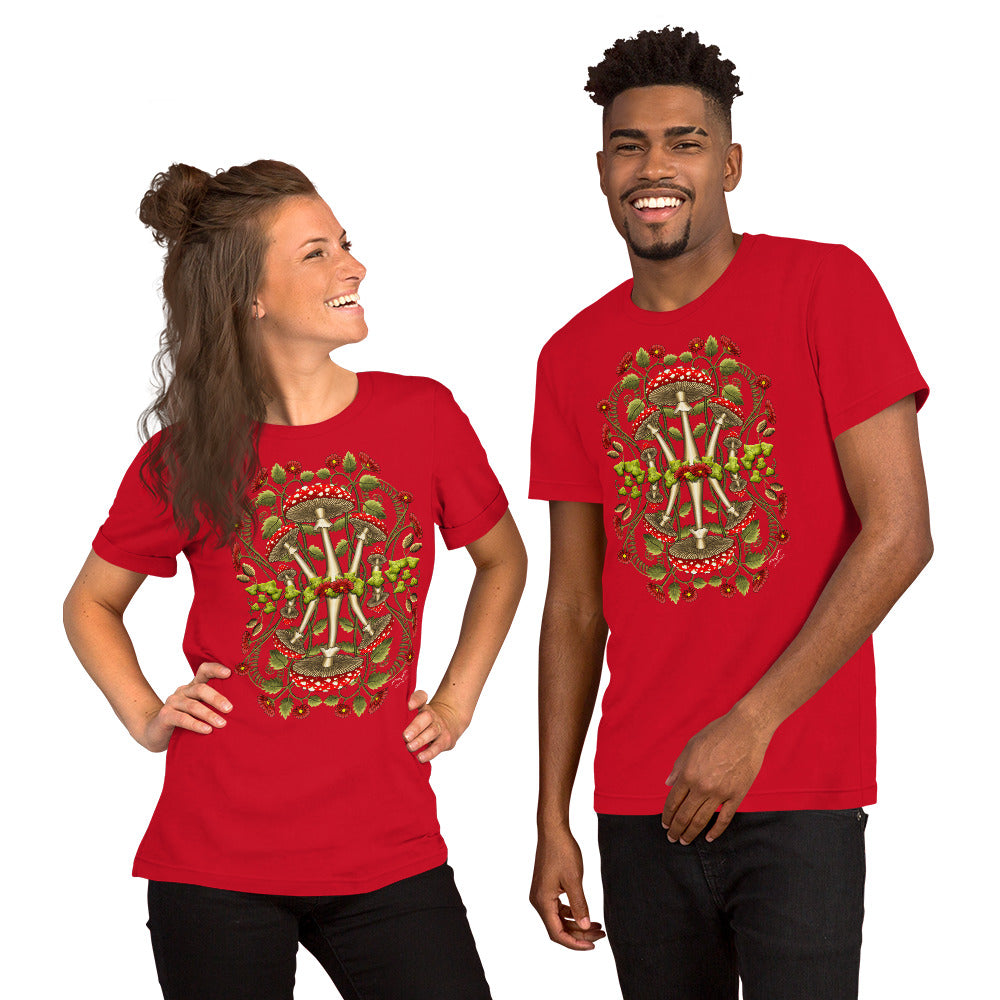 Cottagecore Heaven mushrooms shirt by Stormseye, bright red, modelled view
