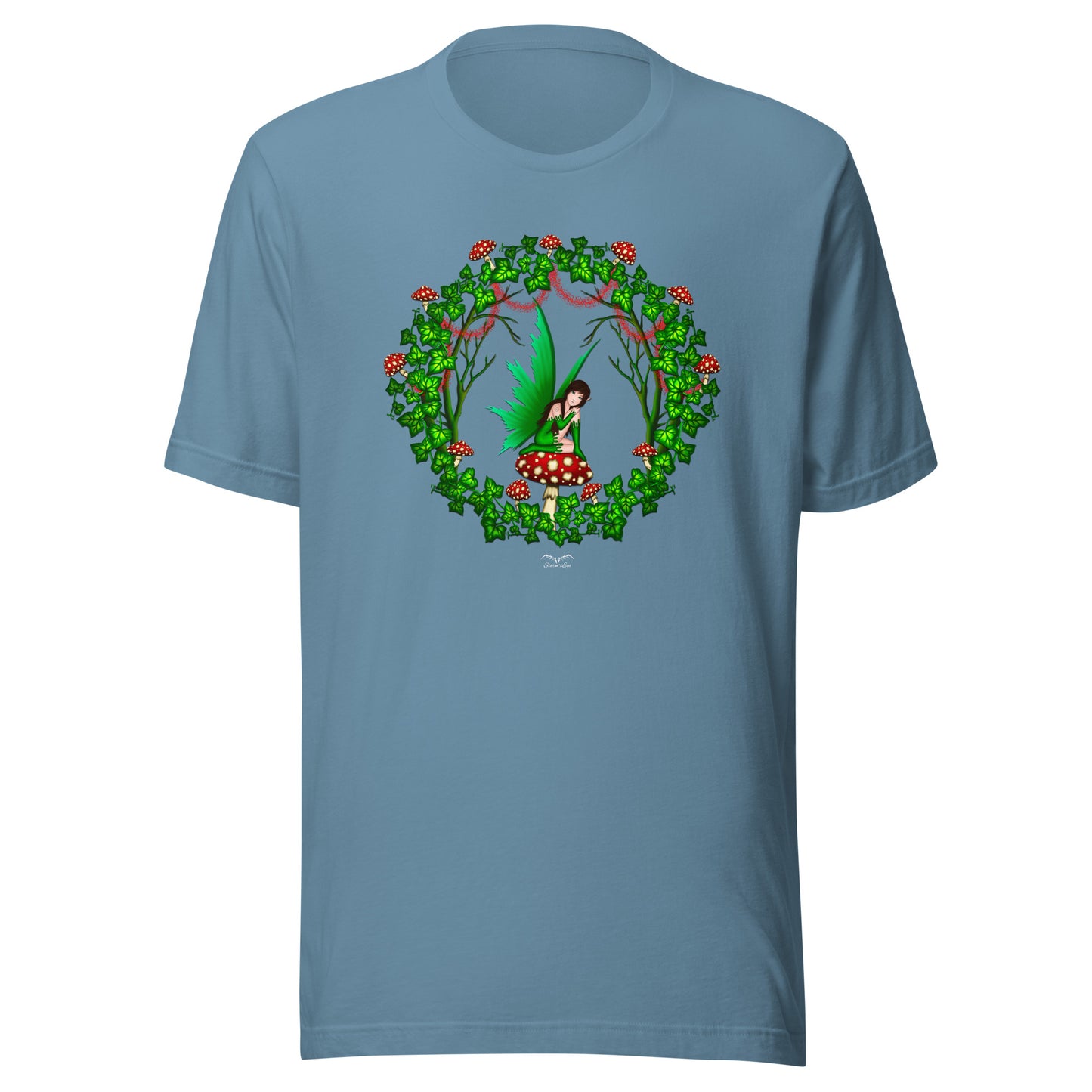 mushroom fairy cottage core t-shirt blue, by stormseye design