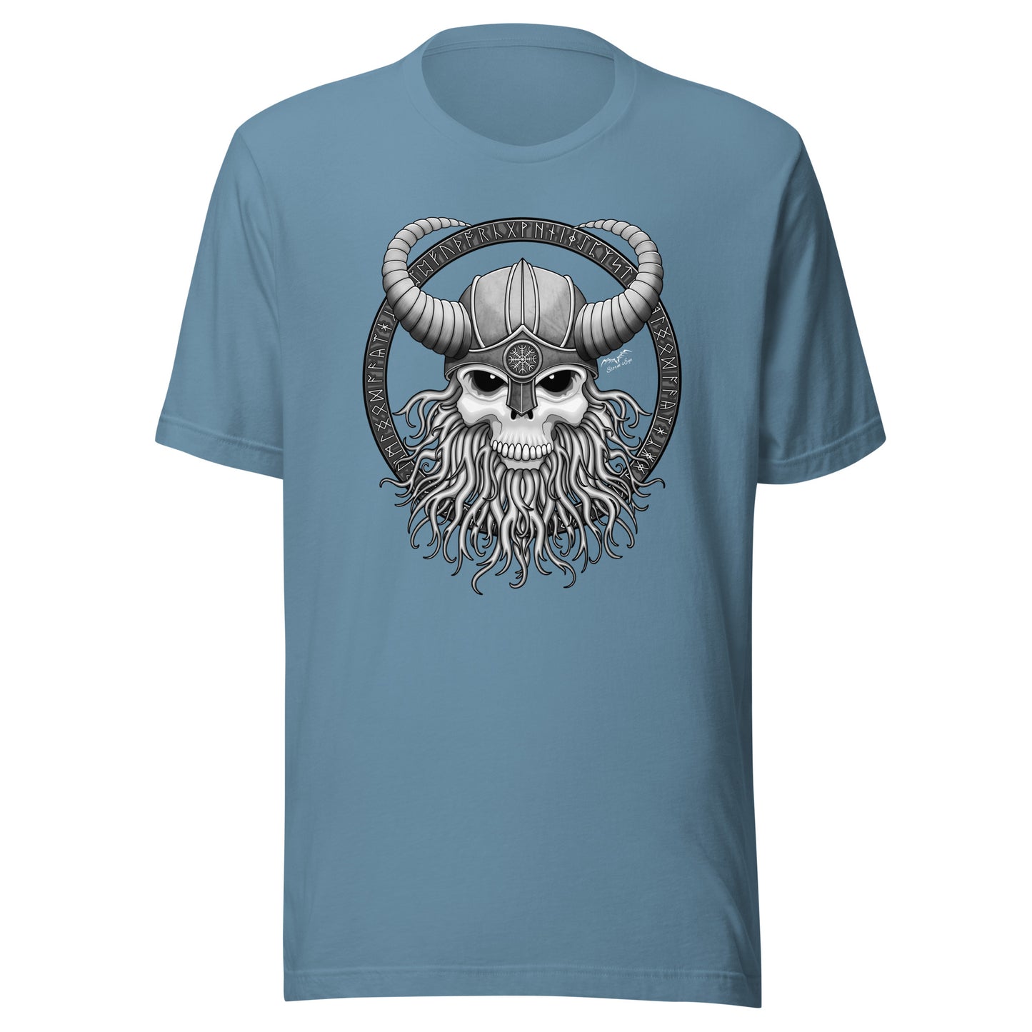 stormseye design viking skull runes T shirt, flat view light blue