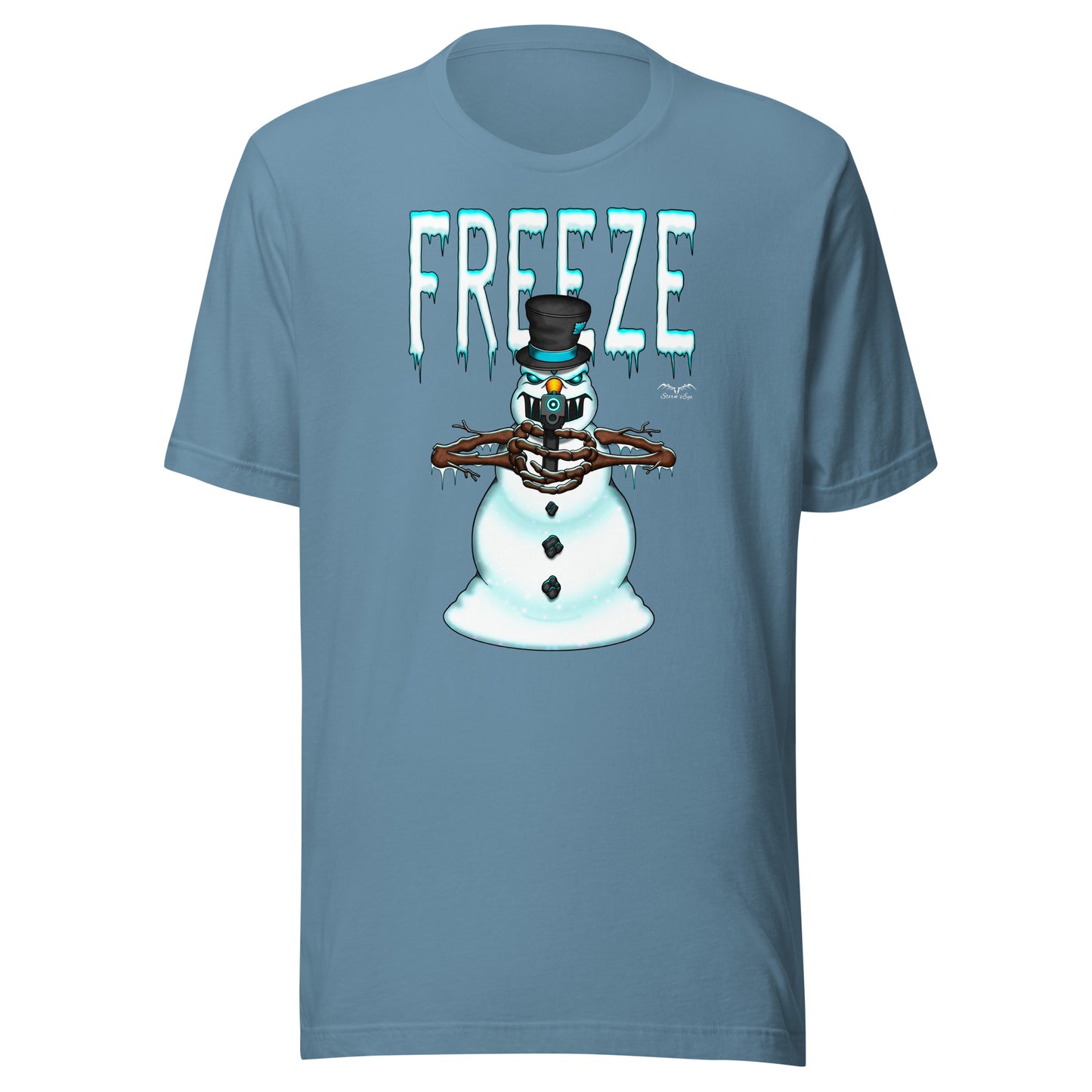 stormseye design mr freeze alternative christmas T shirt, flat view light blue