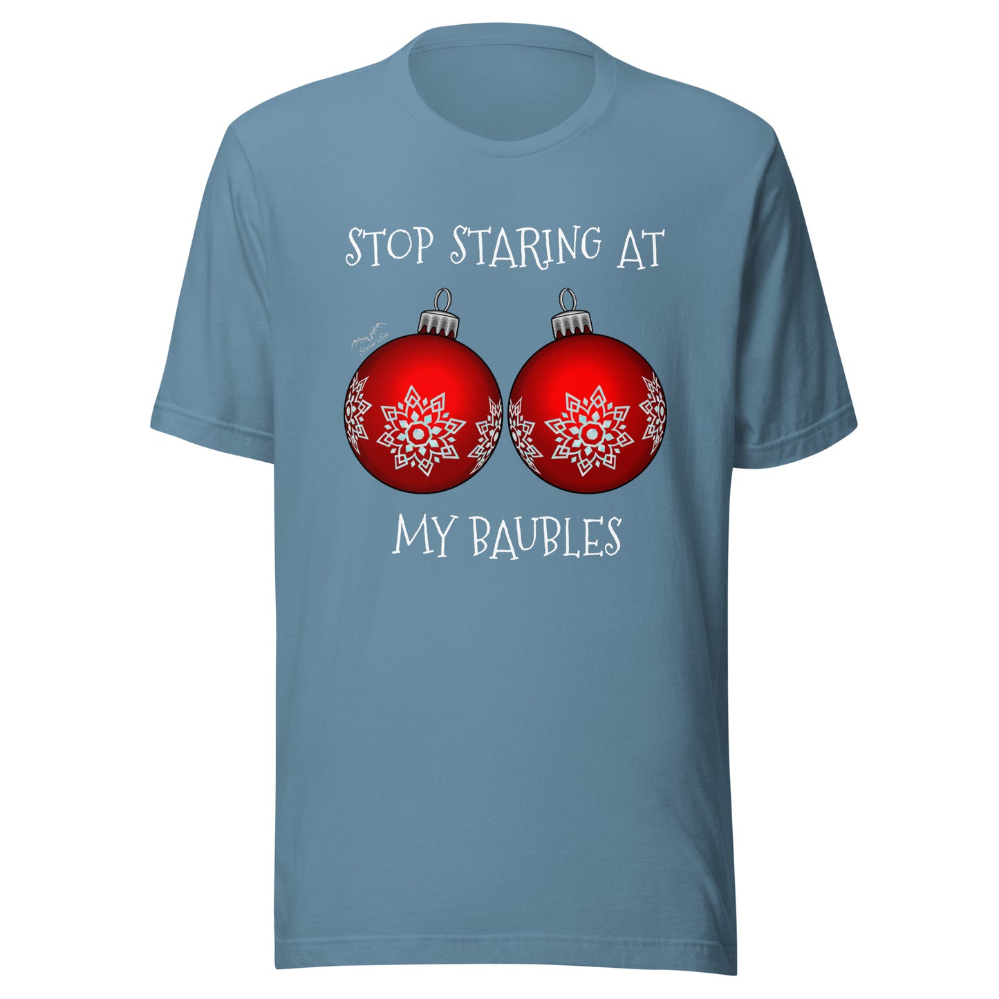 stormseye design stop staring baubles christmas T shirt, flat view light blue