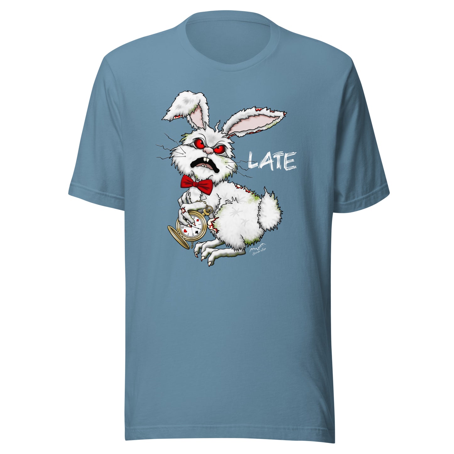Stormseye Design zombie bunny t shirt, flat view light blue
