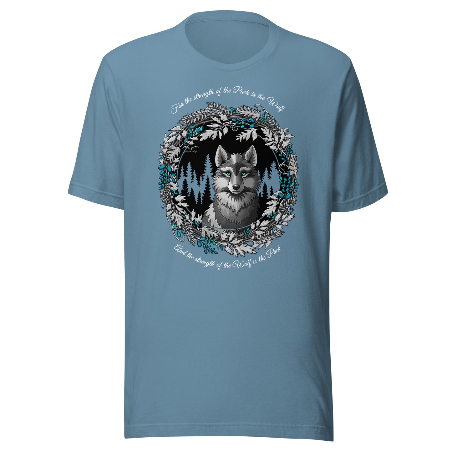 Stormseye Design silver winter wolf T shirt flat view light blue