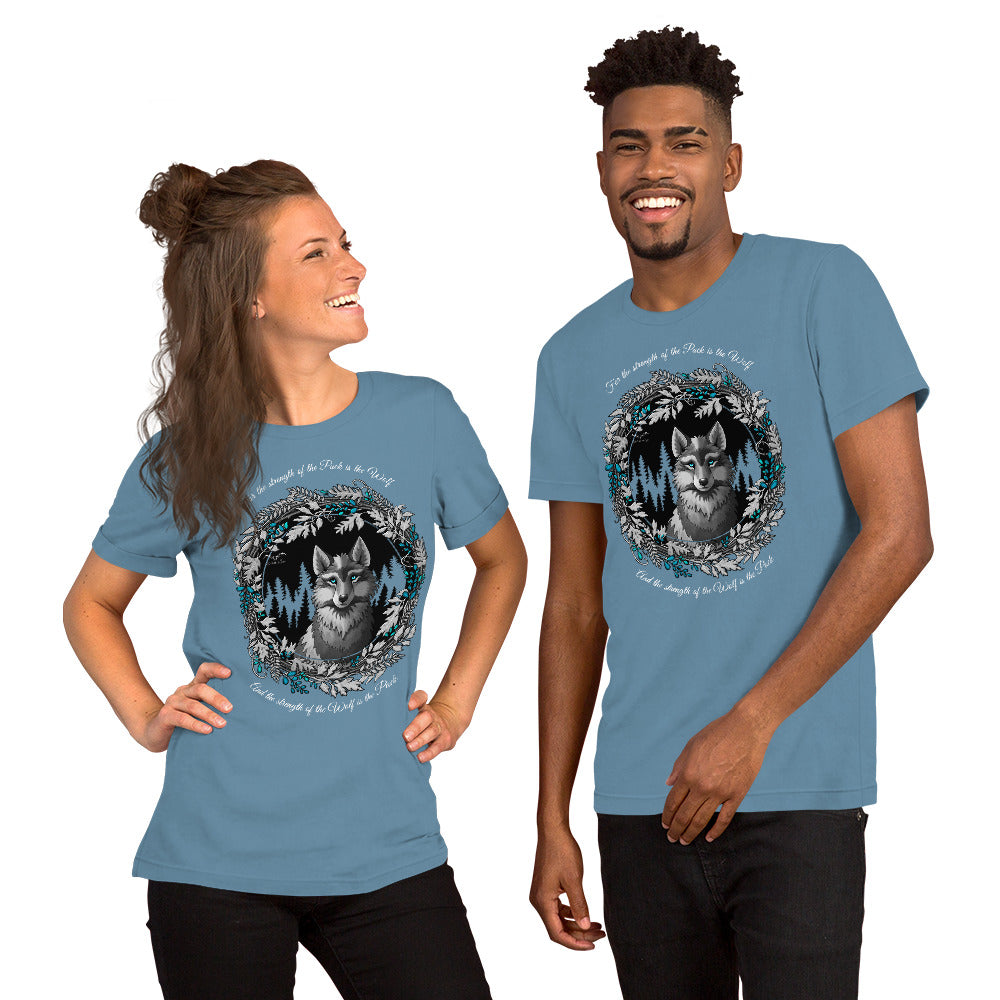 Stormseye Design silver winter wolf T shirt modelled view light blue