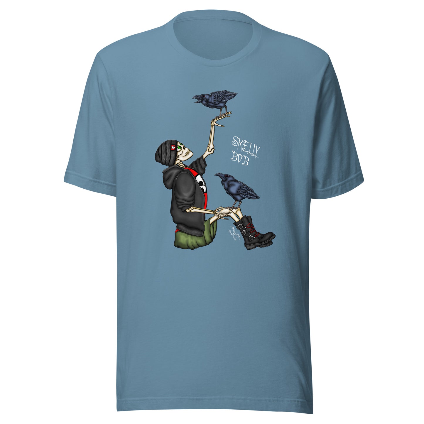 stormseye design rocker skeleton gothic T shirt, flat view light blue