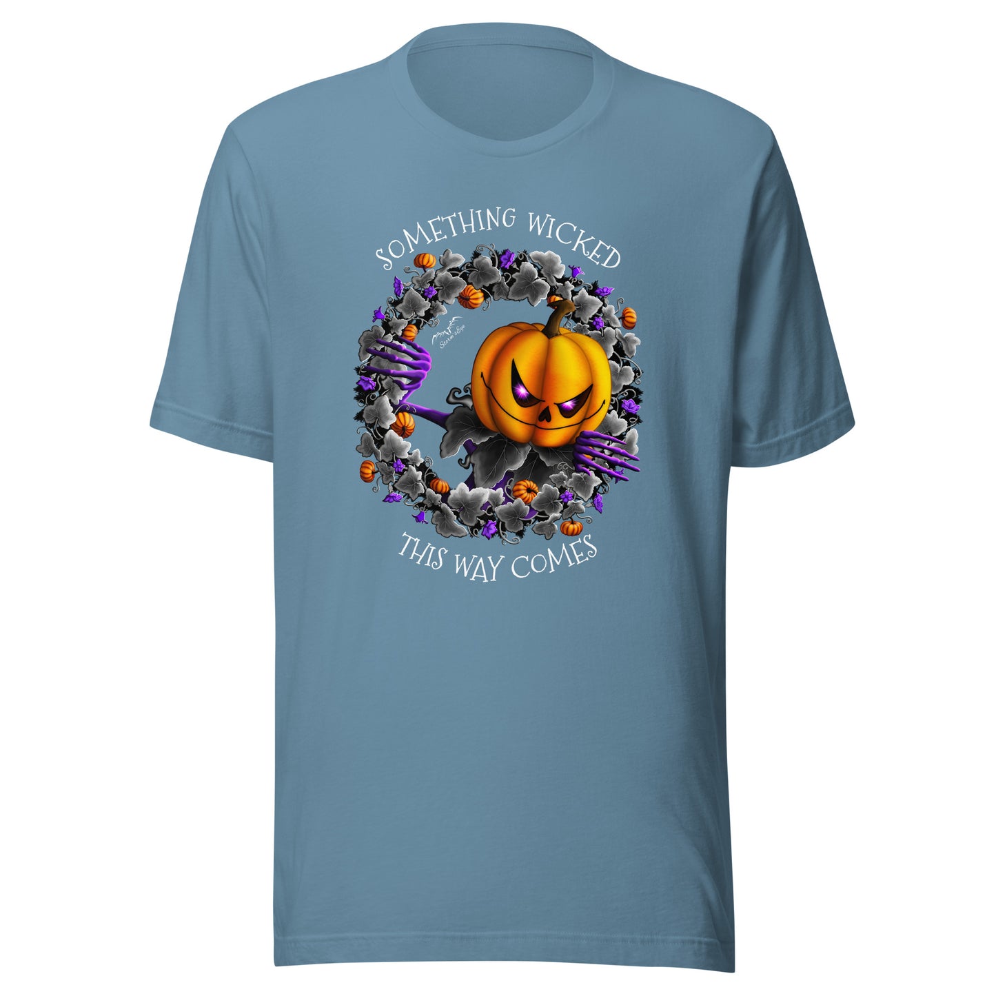 Stormseye Design Pumpkin King Halloween T shirt flat view light blue
